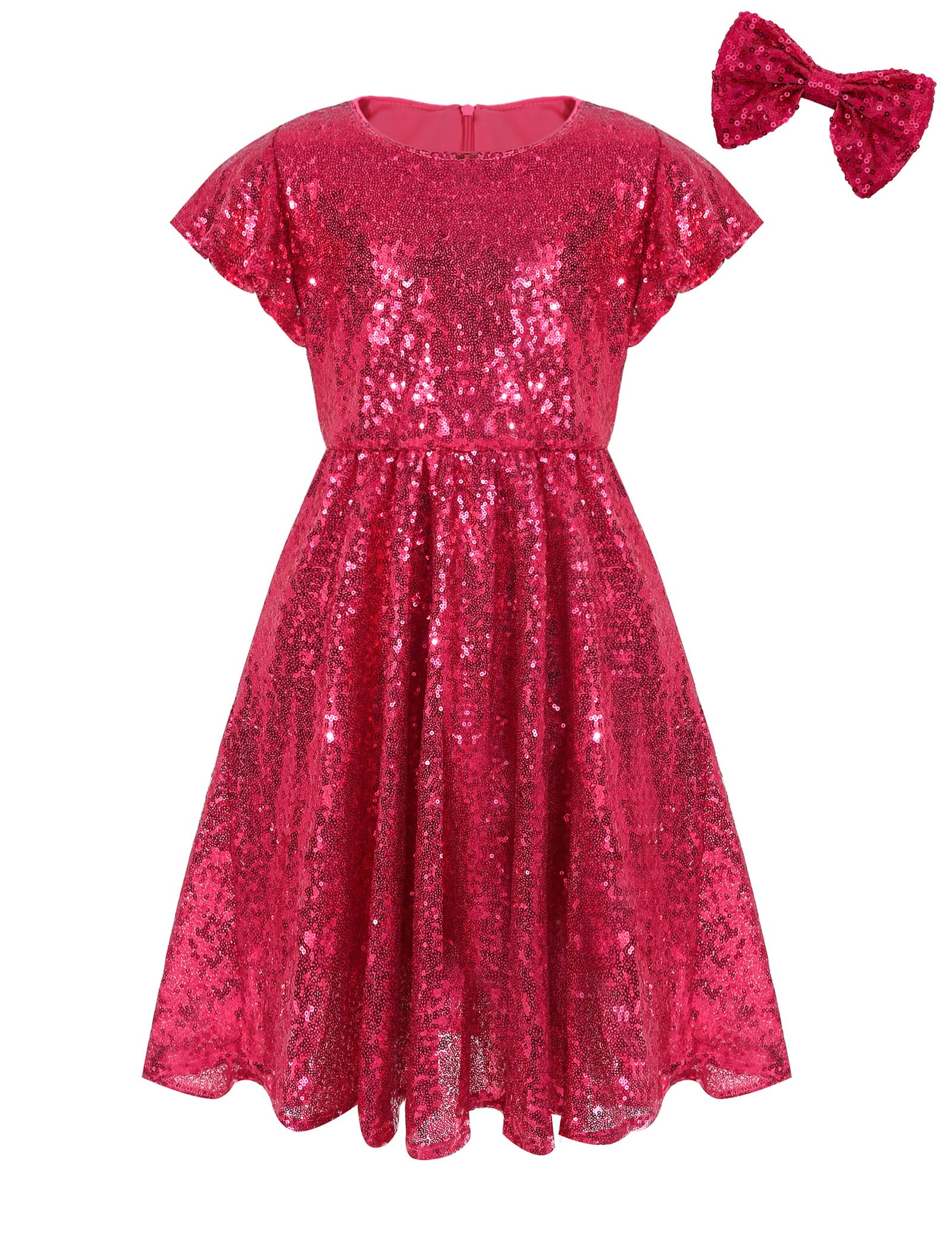 EXARUS Glitzernde Mädchenkleider mit Rüschenärmeln, Glitzer-Pailletten, Rundhalsausschnitt, A-Linie/figurbetont/Tunika-Kleid für Mädchen, 6–14 Jahre