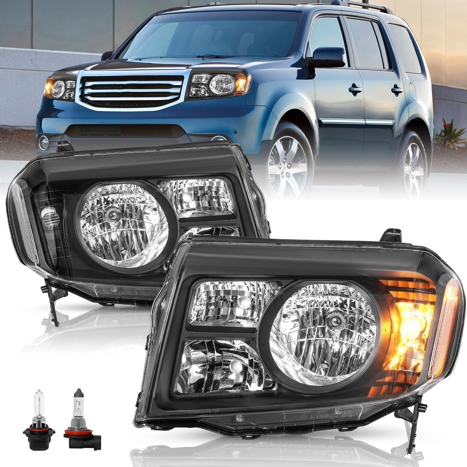 Black Halogen Headlight Assemblies – Pair For 2009-2011 Honda Pilot (Amber Corner)