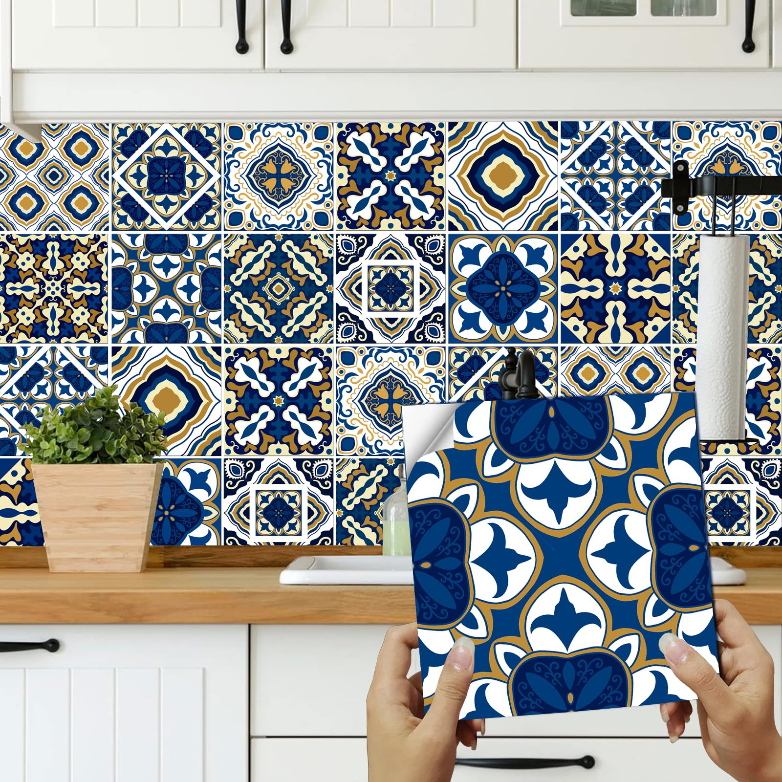 24pcs Moroccan Tile Stickers 15x15cm Bathroom Tile Stickers for Kitchen Transfers Cover Stick On Tiles Peel and Stick Wall Decals Waterproof 6"x6"