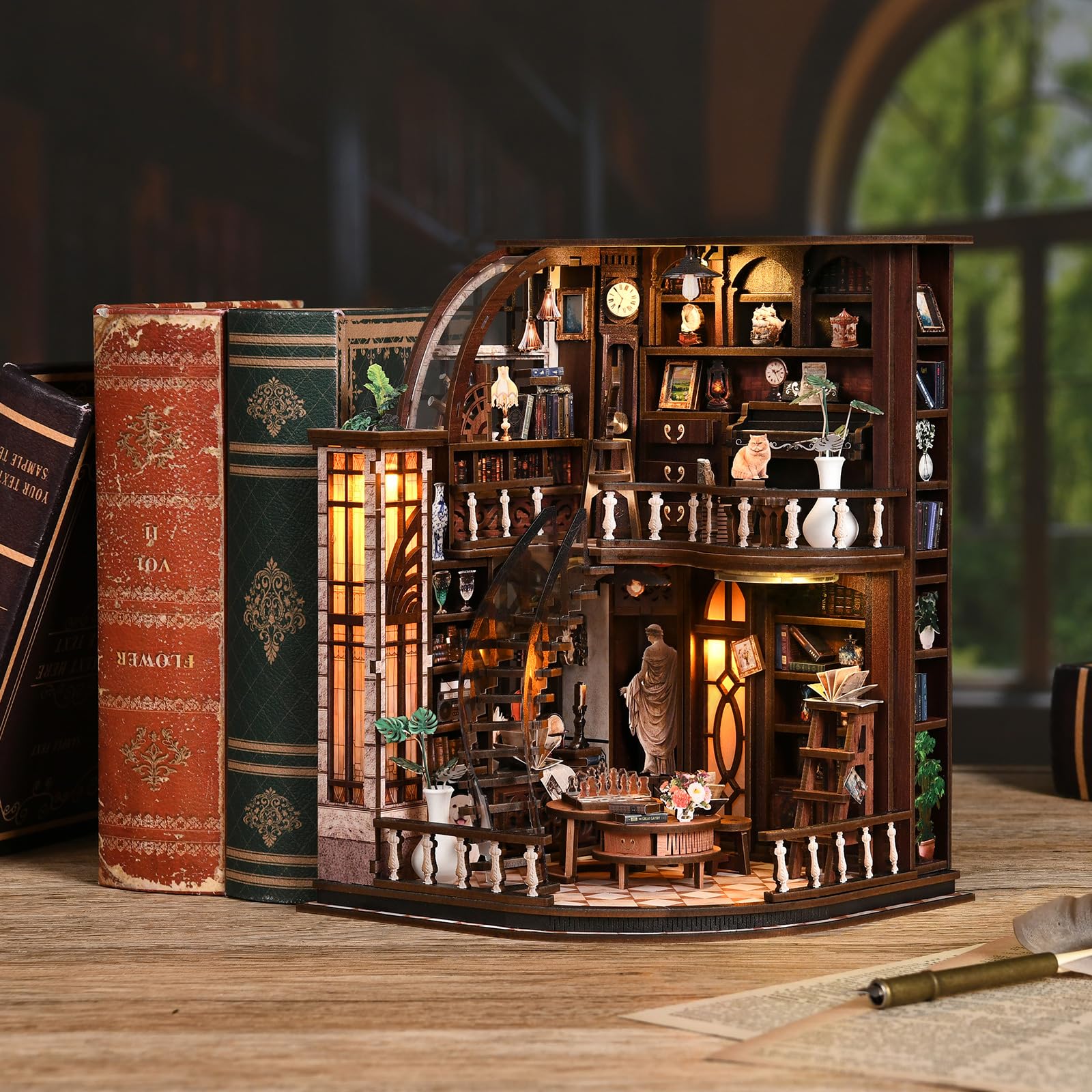Book Nook Kit – model księgarni Bacchus (europejski styl vintage), drewniane puzzle 3D z diodami LED, zestaw do majsterkowania dla dorosłych, prezent i akcesoria do domu