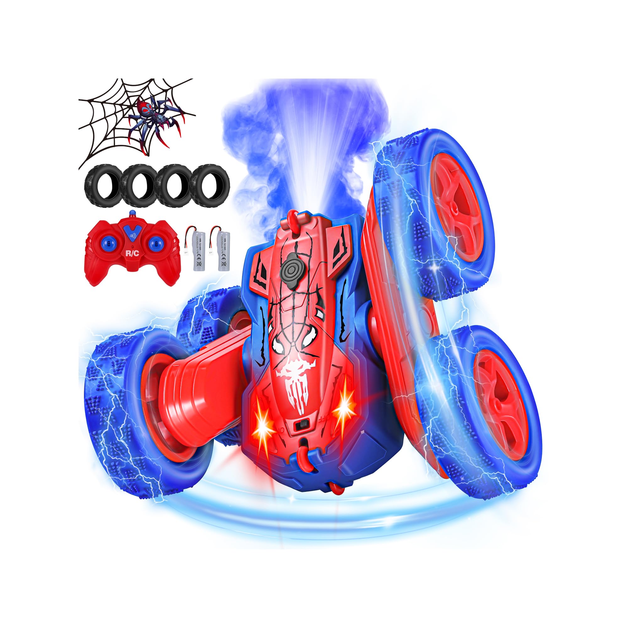 Kssvzz Spider Ferngesteuertes Auto, 2.4GHZ RC Spielzeug Auto für Kinder, RC Stunt Car 360° Flip Offroad mit LED Blinken & Sprühnebel, Spielzeugautos Ferngesteuerte für Jungen ab 3-12