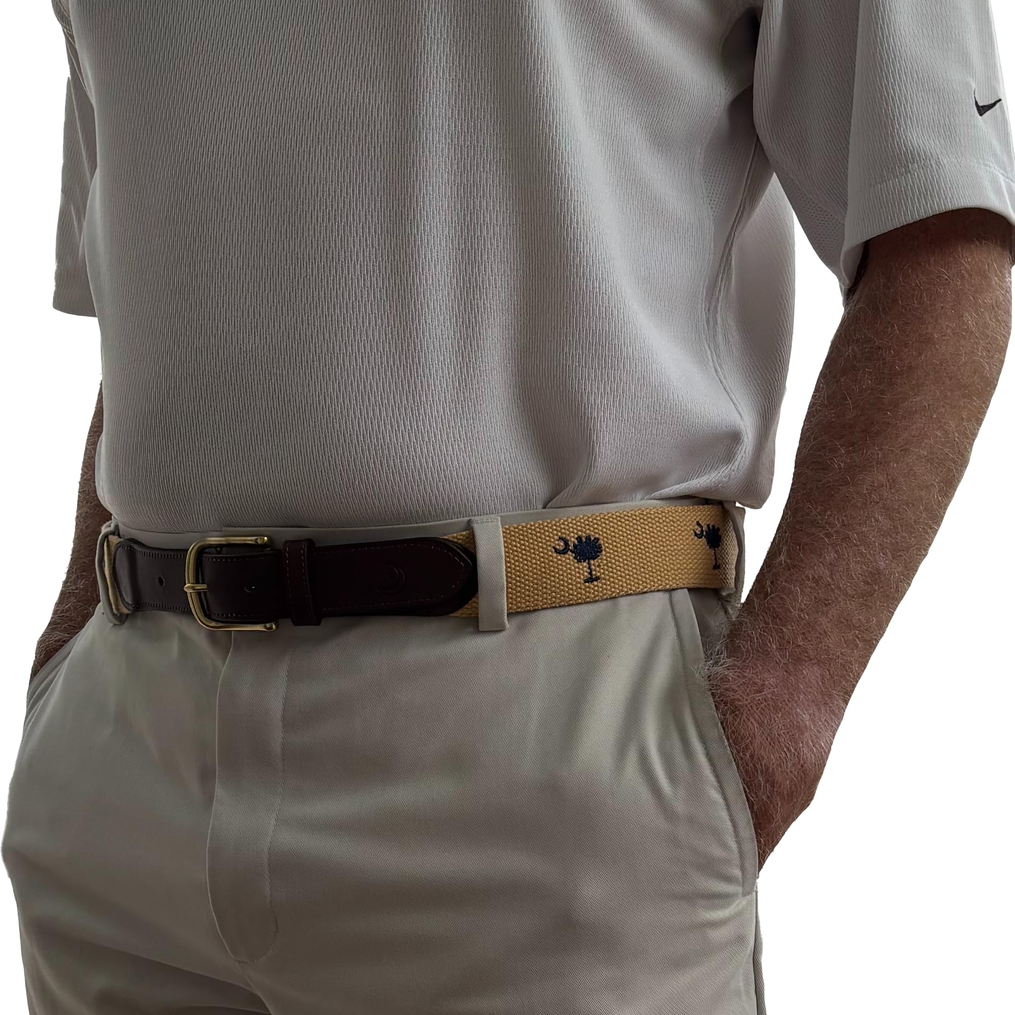 Charleston Belt Carolina Crescent Palmetto Moon Canvas Web Belt Award Winning Design (Khaki, 40)