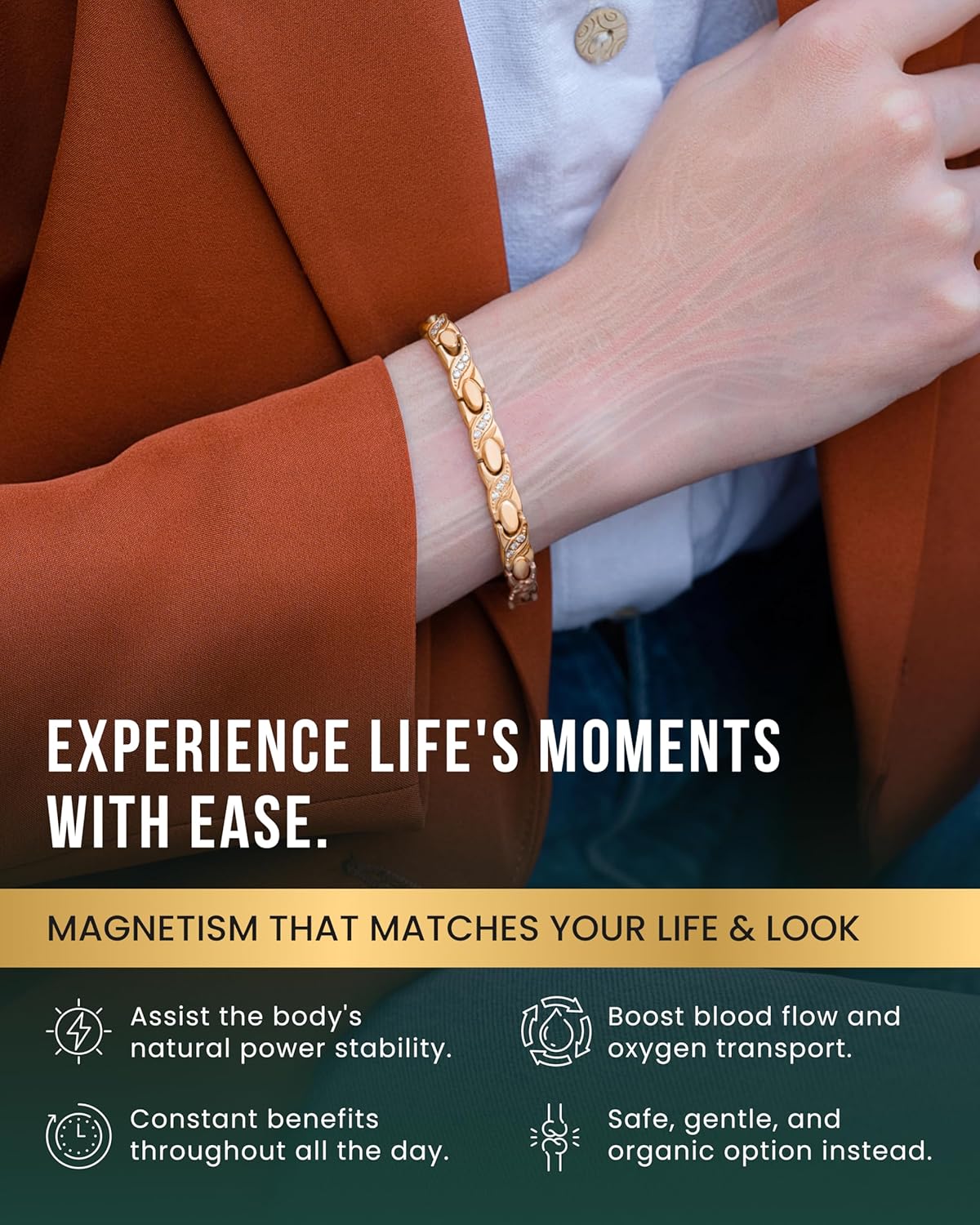 MagnetRX® Ultra Strength Magnetic Bracelets for Women – Double Magnet Stainless Steel Crystal Bracelet for Women – Adjustable Bracelet Length with Sizing Tool (Rose Gold XO) - Image 2