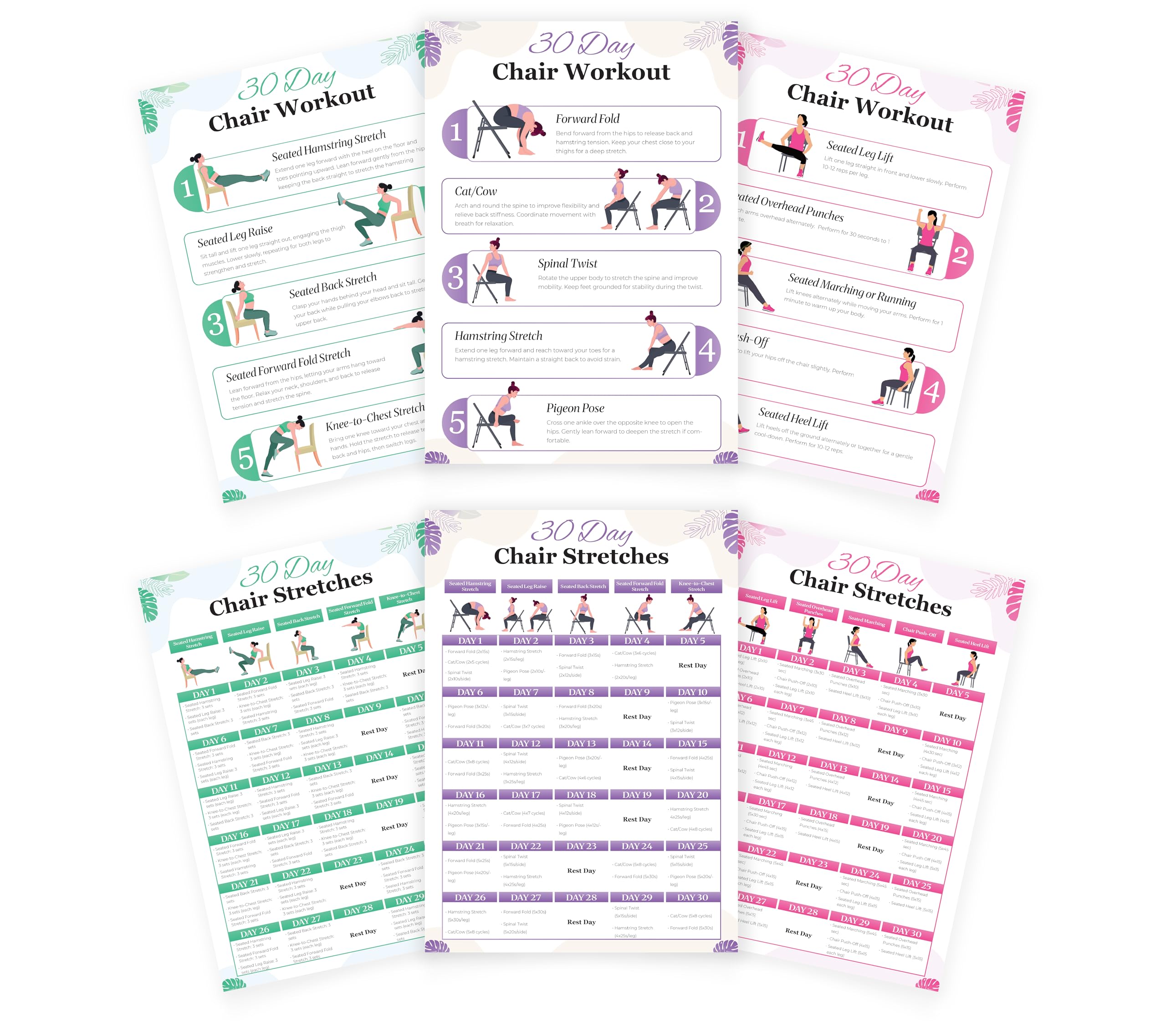 Chair Yoga Chart for Seniors & Beginners - Set of 6 Laminated Workout Posters - Gentle Seated Exercises for Stiffness, Joint Pain & Stress Relief - Easy to Follow 30-Day Challanges Home Workout Guide