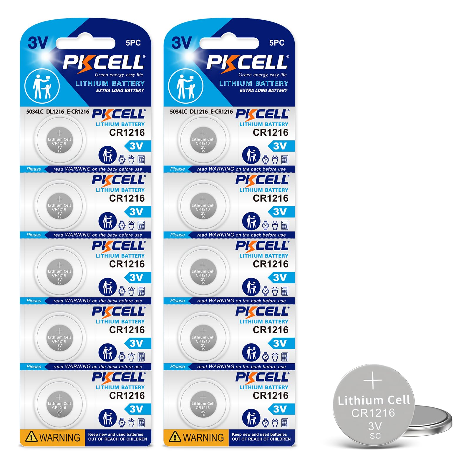 PKCELL 10 Pack CR1216 Watch Battery CR1216 3V Lithium Coin Cell Battery