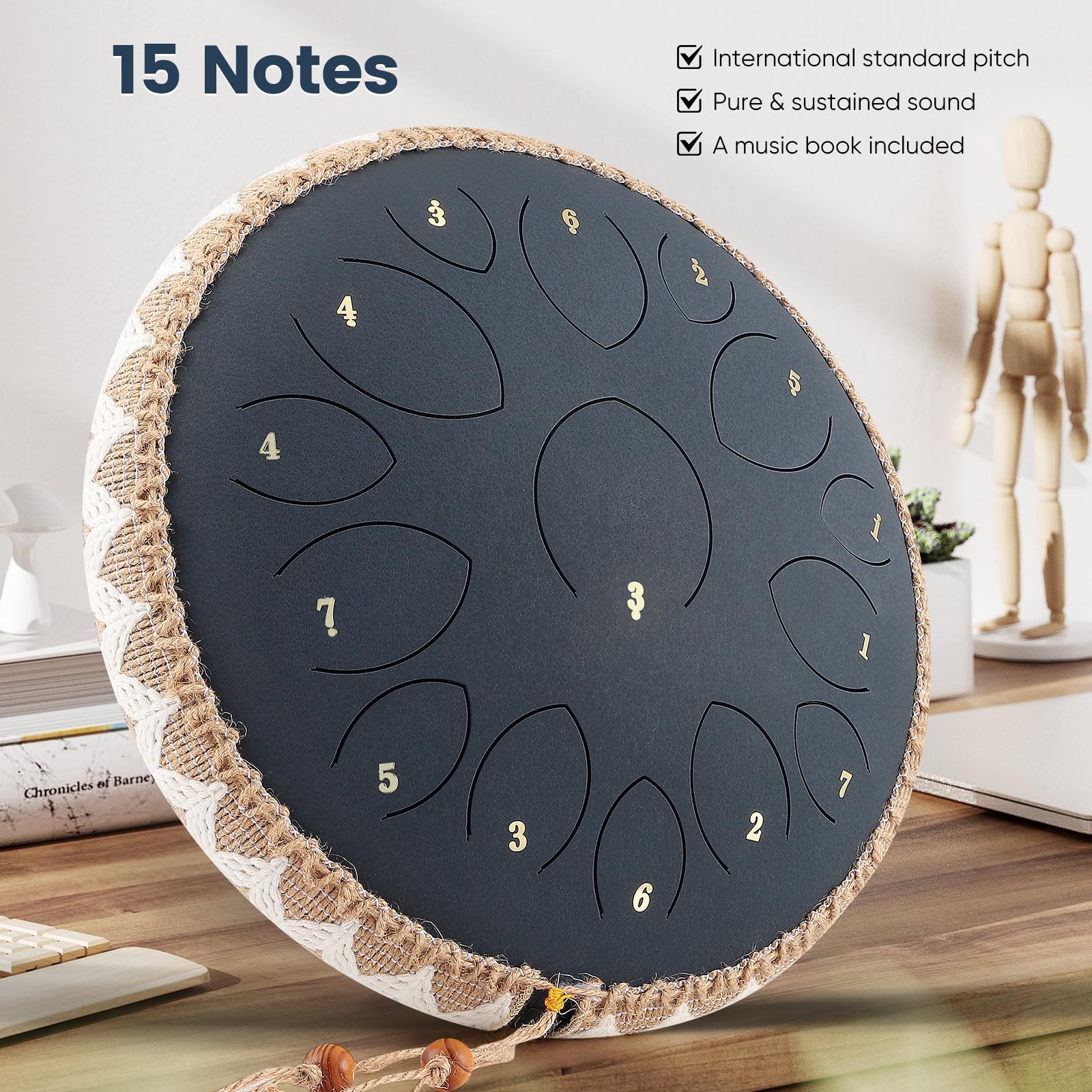 Steel Tongue Drums, Tambor de Lenguetas de acero de 14 pulgadas 15 notas, Instrumento musical para niños, Handpan para Meditación, Relajación de Melomanas y Principiantes