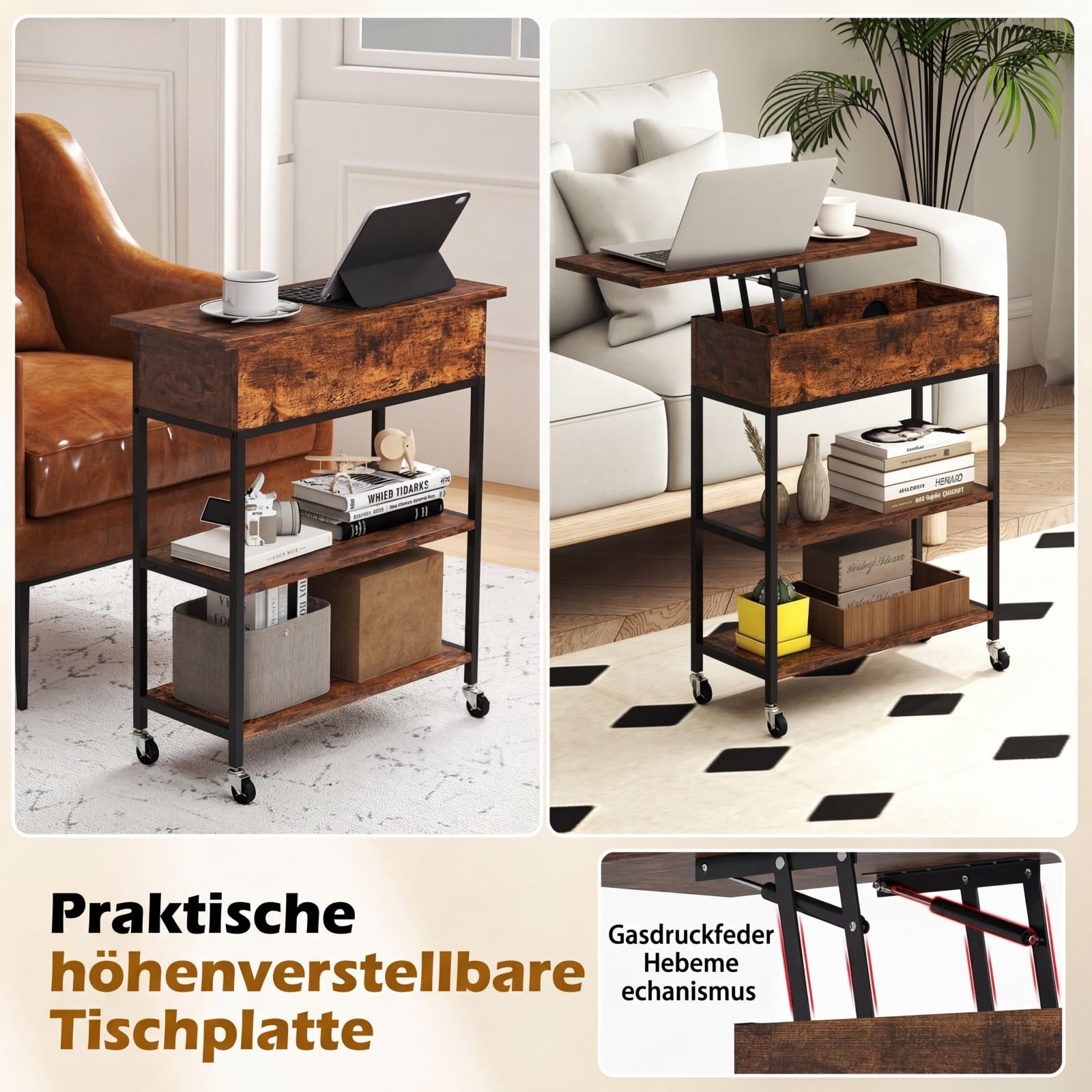 COSTWAY Beistelltisch mit Hebeplatte & Ladestation, rollbarer Couchtisch mit verstecktem Stauraum & offenen Regalen, Sofatisch schmal für Wohnzimmer & Schlafzimmer