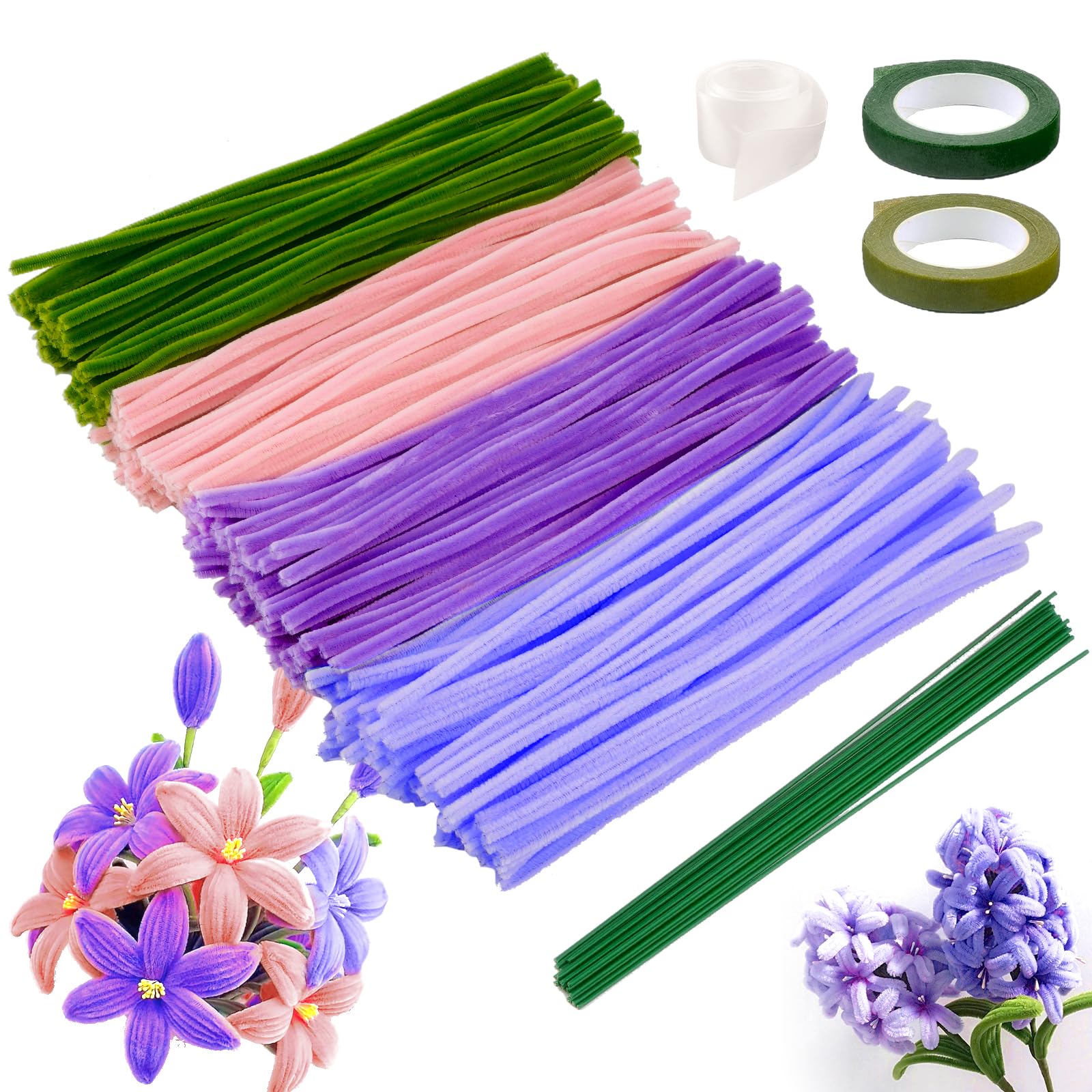 Kit DIY Fleurs En Fils Chenilles - 400 Pièces, 5 Couleurs - Pour Créer Tulipes, Décorations - Avec Tiges, étamines, Ruban