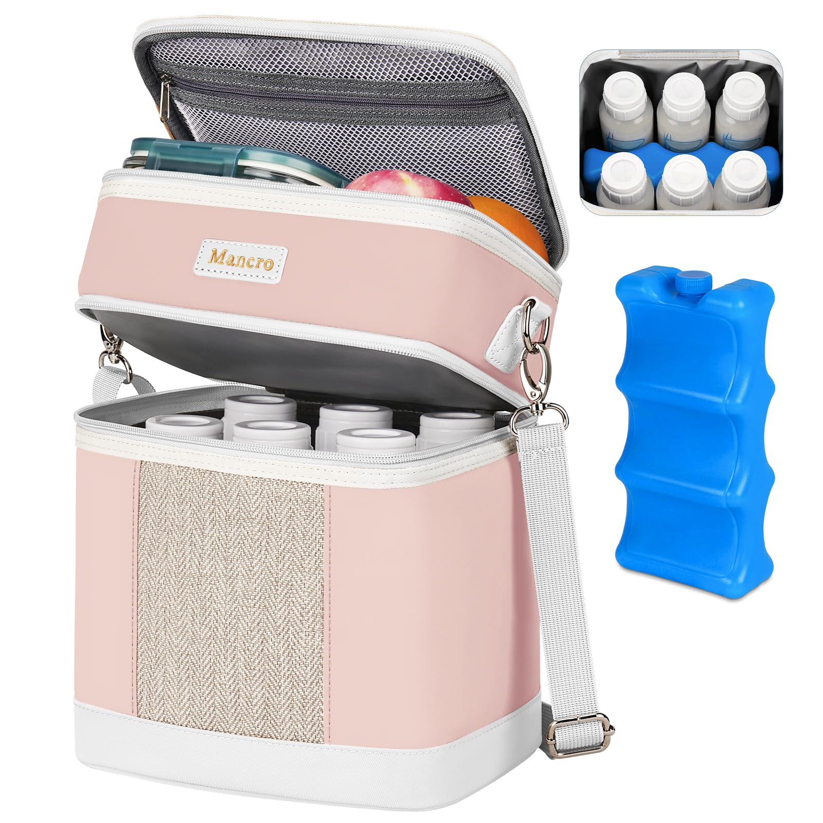 Mancro Muttermilch-Kühltasche mit Eisbeutel, doppellagig, für 6 Flaschen bis zu 266 ml, isolierte Flaschentaschen für Kindertagesstätte und Reisen, Rosa