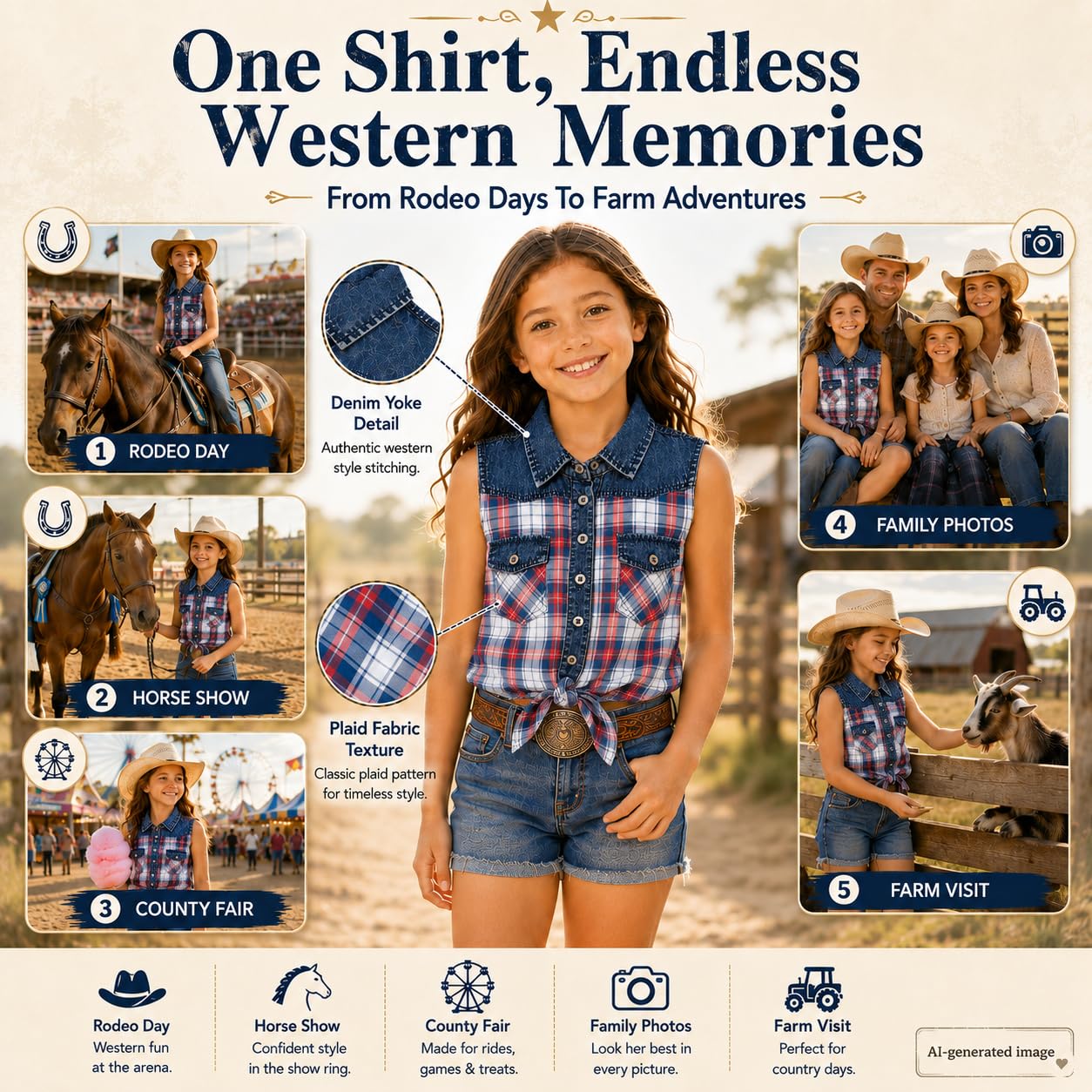 Bienzoe Camiseta corta sin mangas para niñas: blusa informal occidental con botones a cuadros vaquera