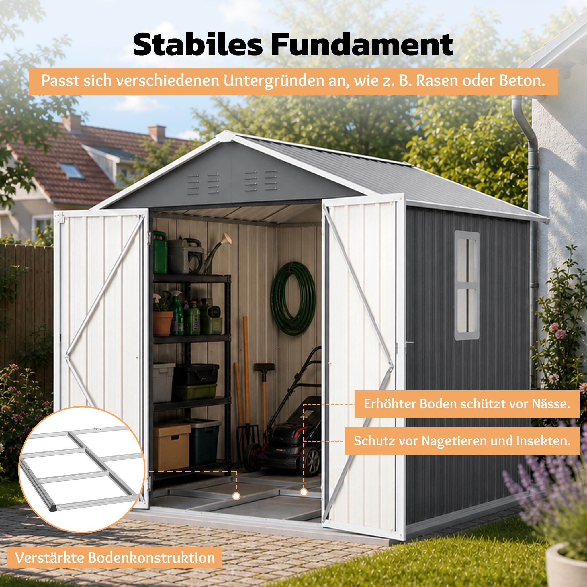 6x6 FT Gerätehaus aus Metall，Robuster Geräteschuppen mit Fenster&Belüftung