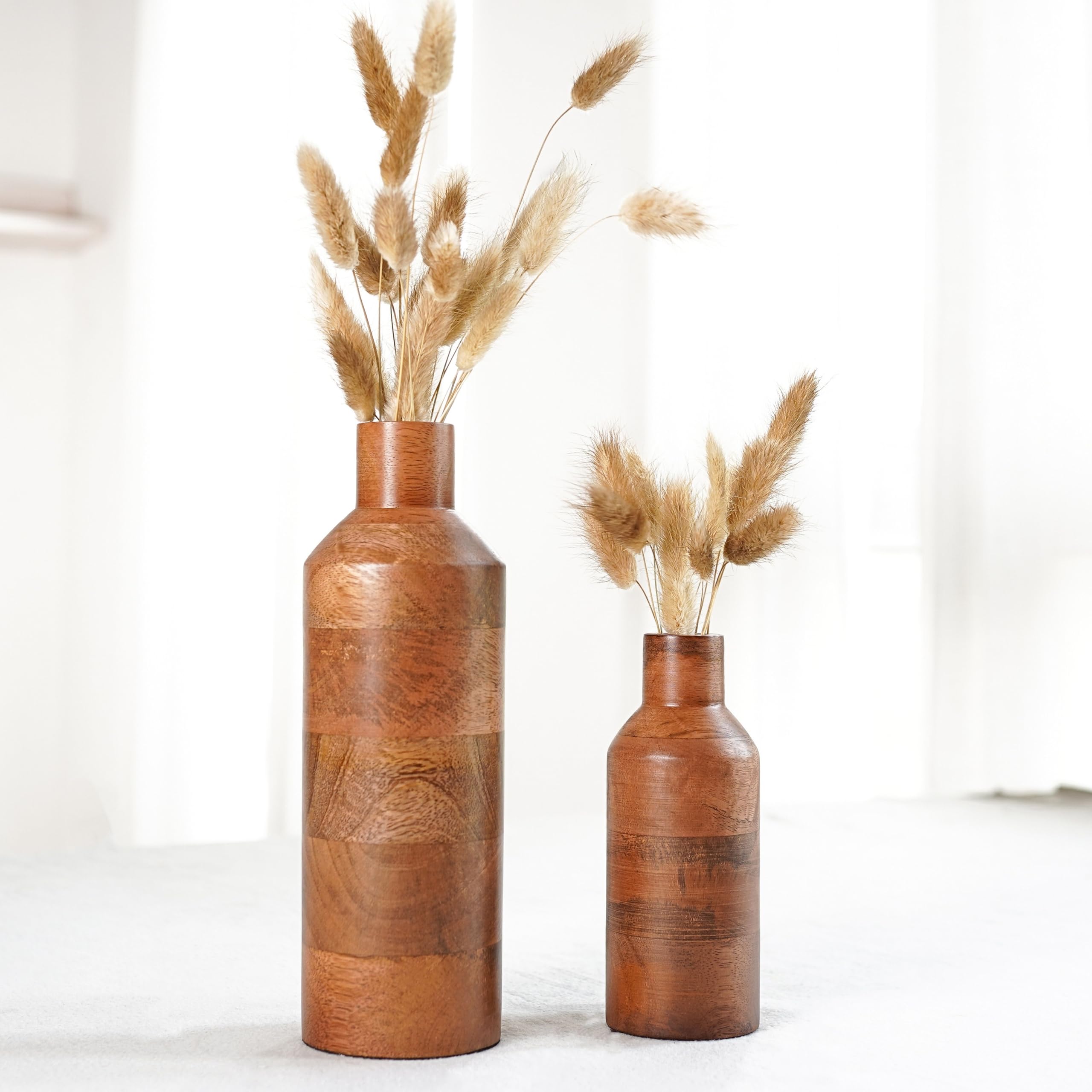 Behoma Wooden Flower Vase Set of 2, Bottle Shape Mango Wood Vases for Flowers for Decor Home Living Room Kitchen Office, Walnut Brown Finish | Height - 9 inch (23 cm) & 5.9 inch (15 cm)-image-24