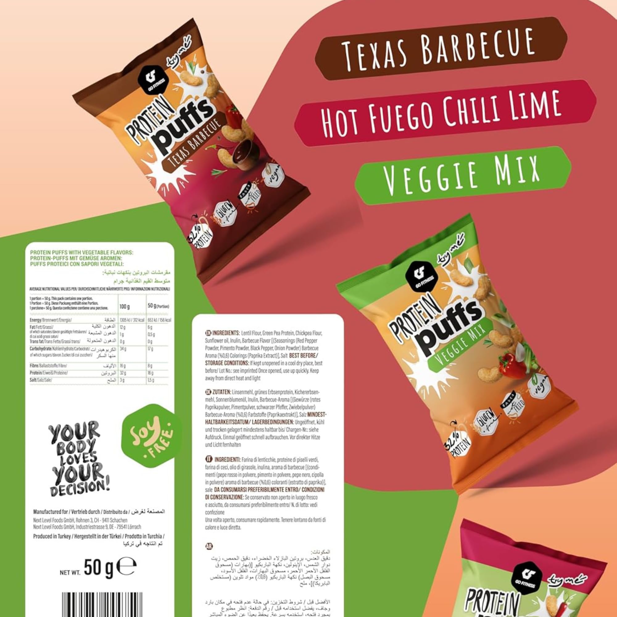 Go Fitness High Protein Snacks - Puffs, 12 x 50 Gramm Packungen mit je 16g Eiweiß - Texas BBQ - Linsen Chips - Eiweißriegel alternative und herzhafter Snack