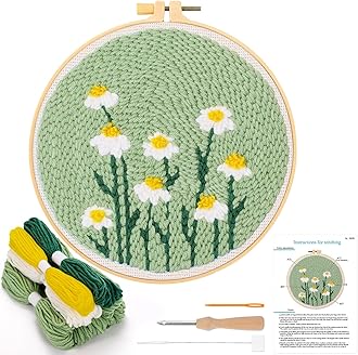 JSRQT Punch Needle Embroidery Starter Kits,Rug Hooking Kit for Kids and Adults Beginners,Handcraft Punch Needle Kits with Embroidery Hoops,Flowers and Plants Pattern