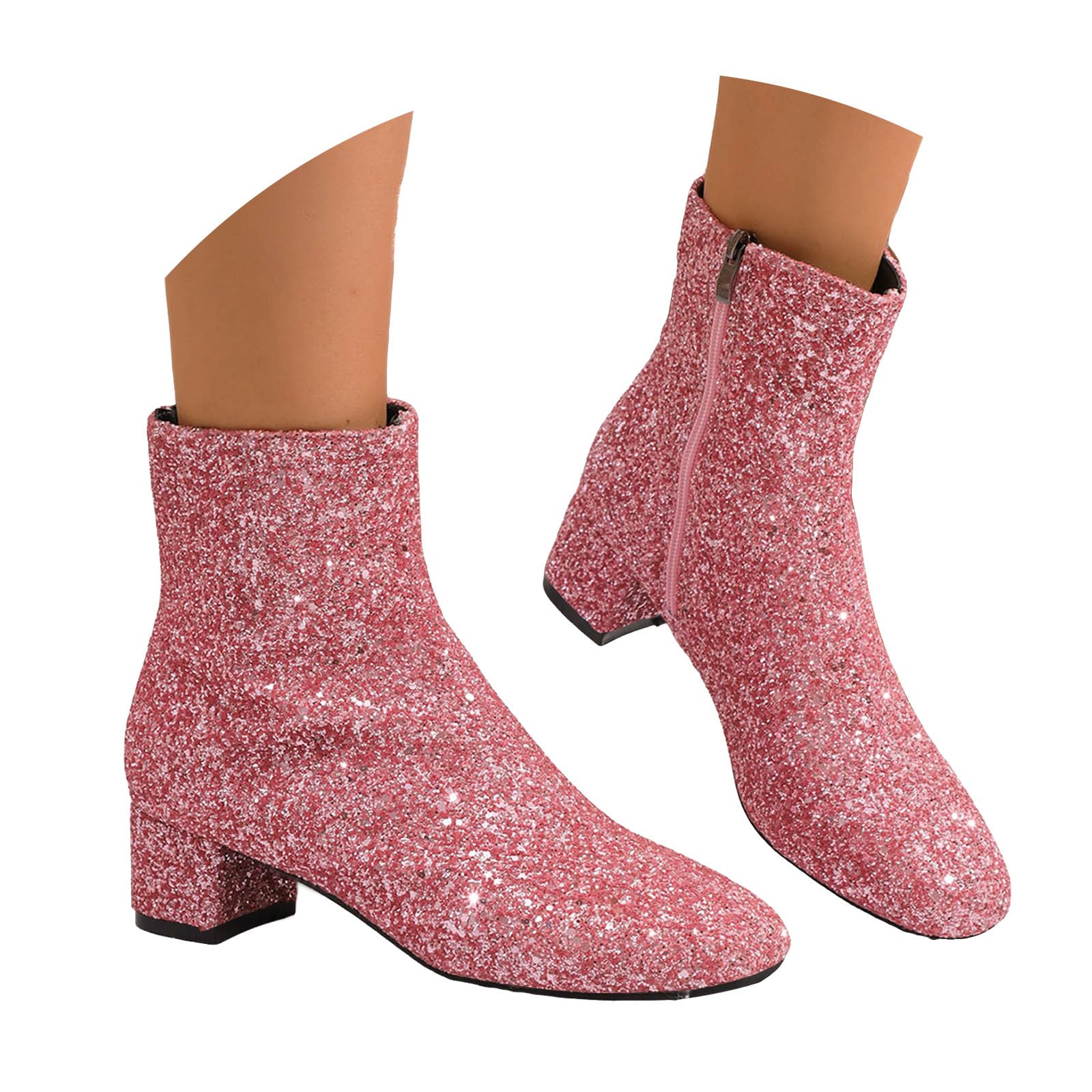Womens Chunky Low Thick Heel Ankle Boots Elastic Faux Suede Short Ankle Booties with Side Zipper Fashion Shiny