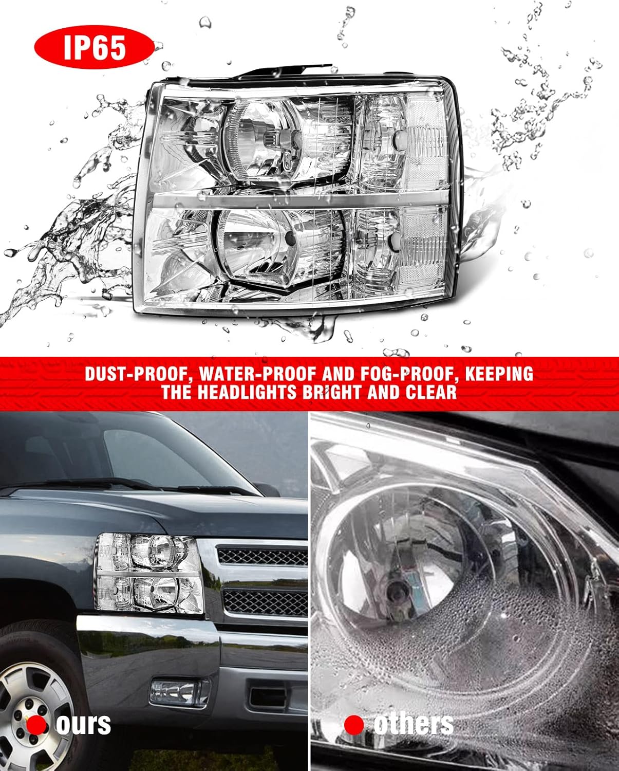 Assembly for 07-13 Chevy Silverado 1500/07-14 Silverado 2500HD 3500HD Clear Lens Chrome Housing(2500HD/3500HD fit 2007 New Body Style & 2014 Old Body Style Models Only)（W/O Bulbs）