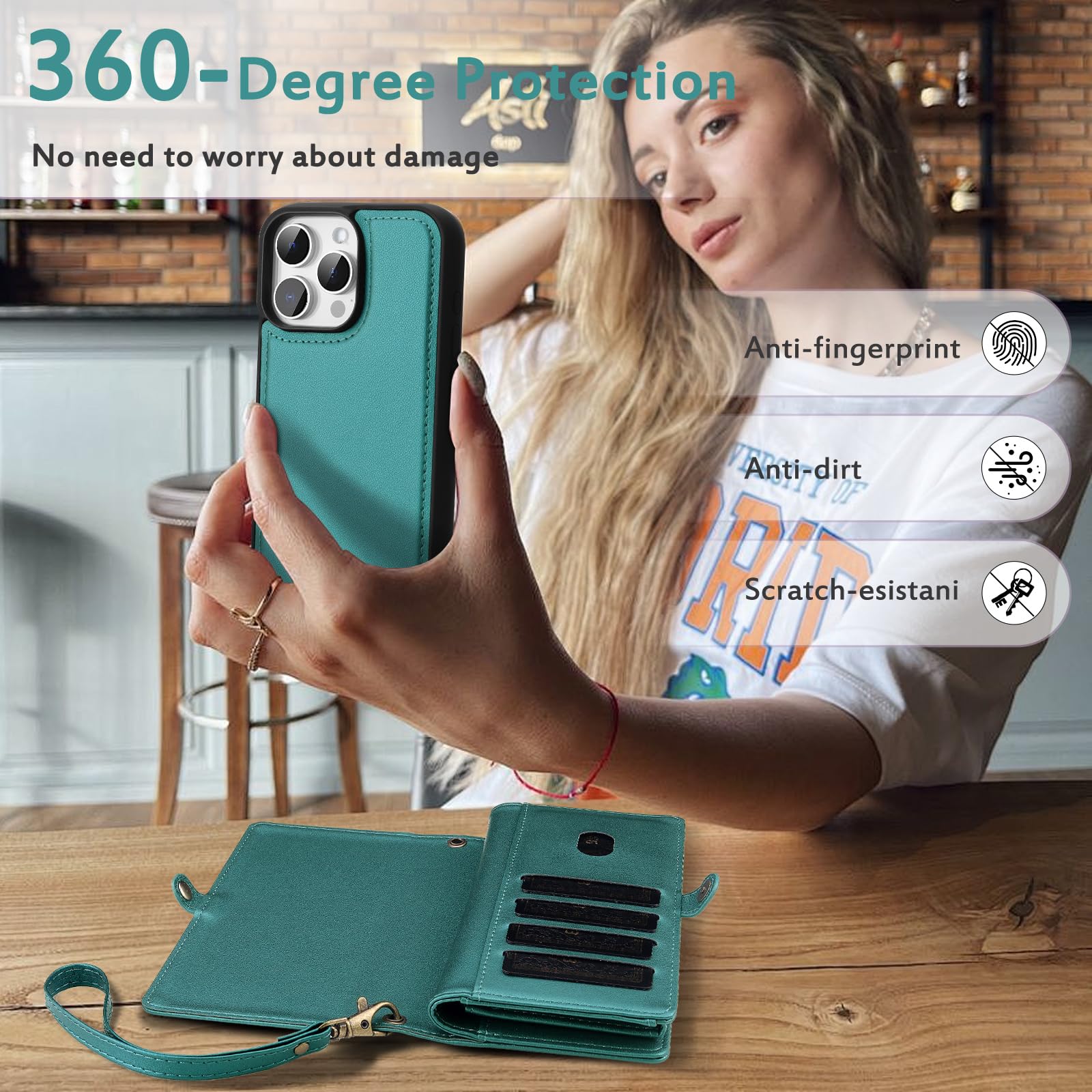 Etui portfelowe kompatybilne z iPhone 13 Pro Max, wielofunkcyjne, odpinane, magnetyczne etui 2 w 1, portfel na iPhone'a 13 Pro Max, z klapką, z paskiem na zamek błyskawiczny, etui na telefon z