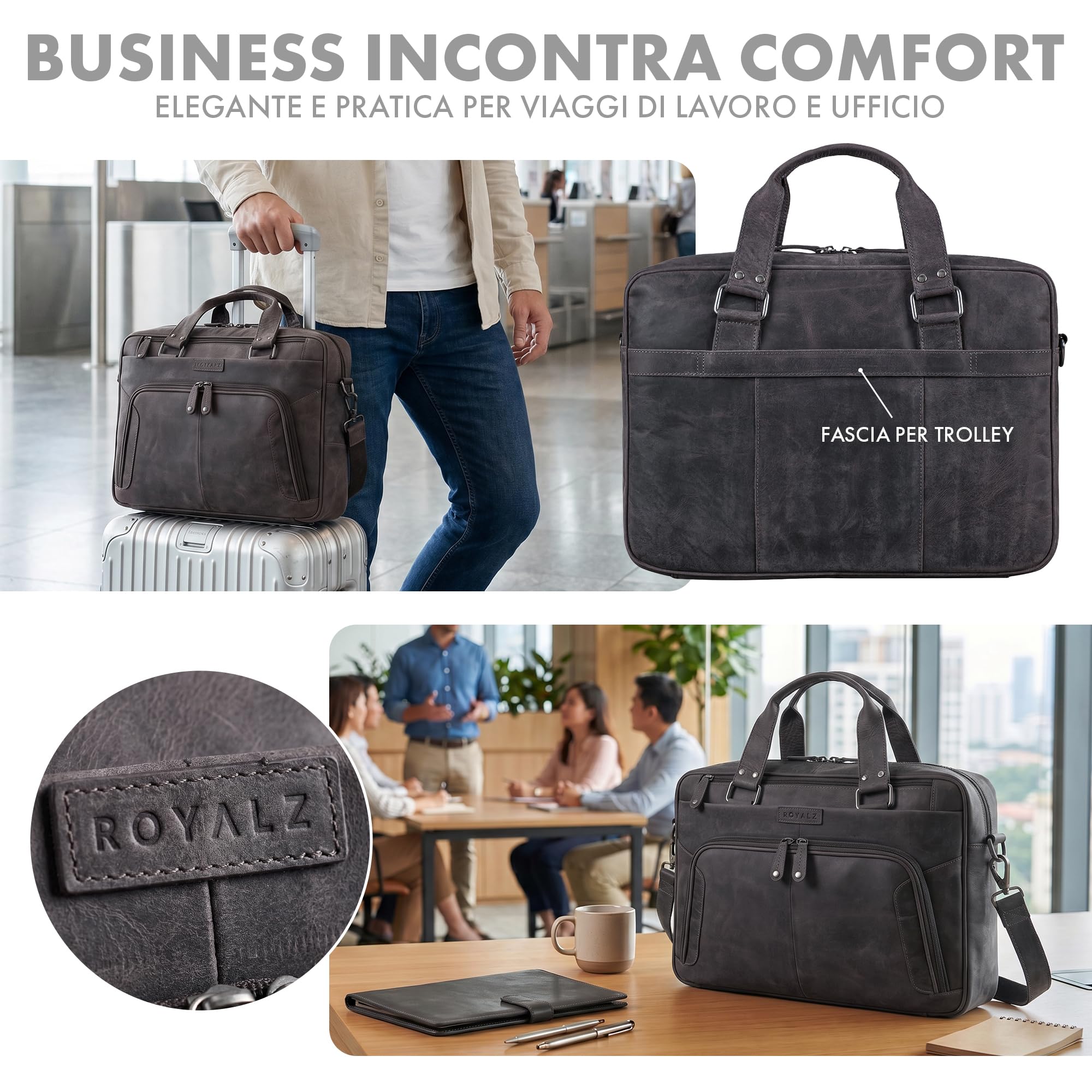 ROYALZ "Chicago Borsa Ventiquattrore Uomo Pelle Borsa Lavoro Pelle Borsa Porta PC 14, 15.6-16 Pollici Cartella Uomo Messenger Bag Borsa Tracolla Portadocumenti Ufficio