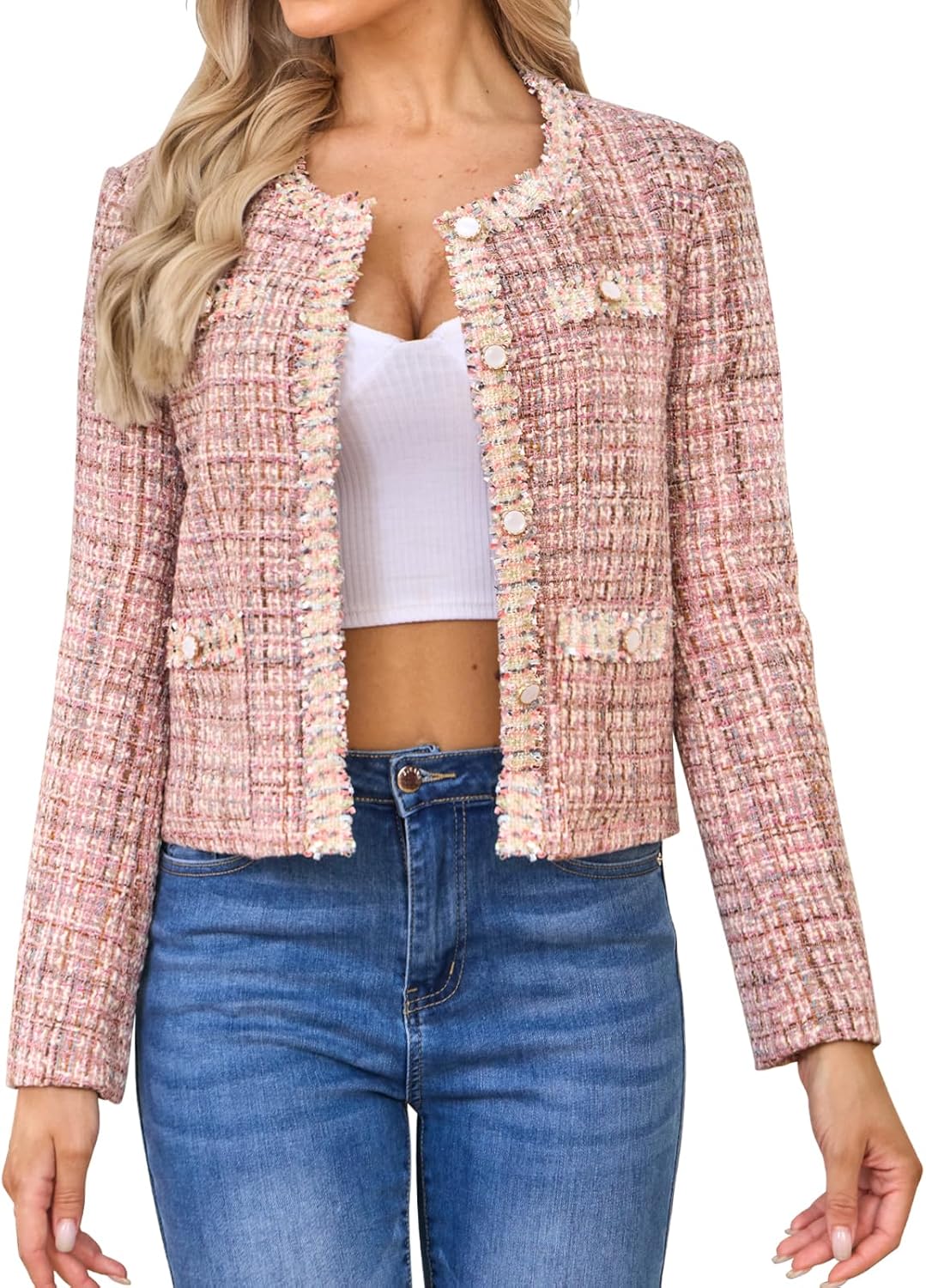 Xaspee Women's Tweed Blazers Cropped Long Sleeve Crewneck Open Front Lace Trim Lightweight Plaid Work Blazer Jackets - Image 2