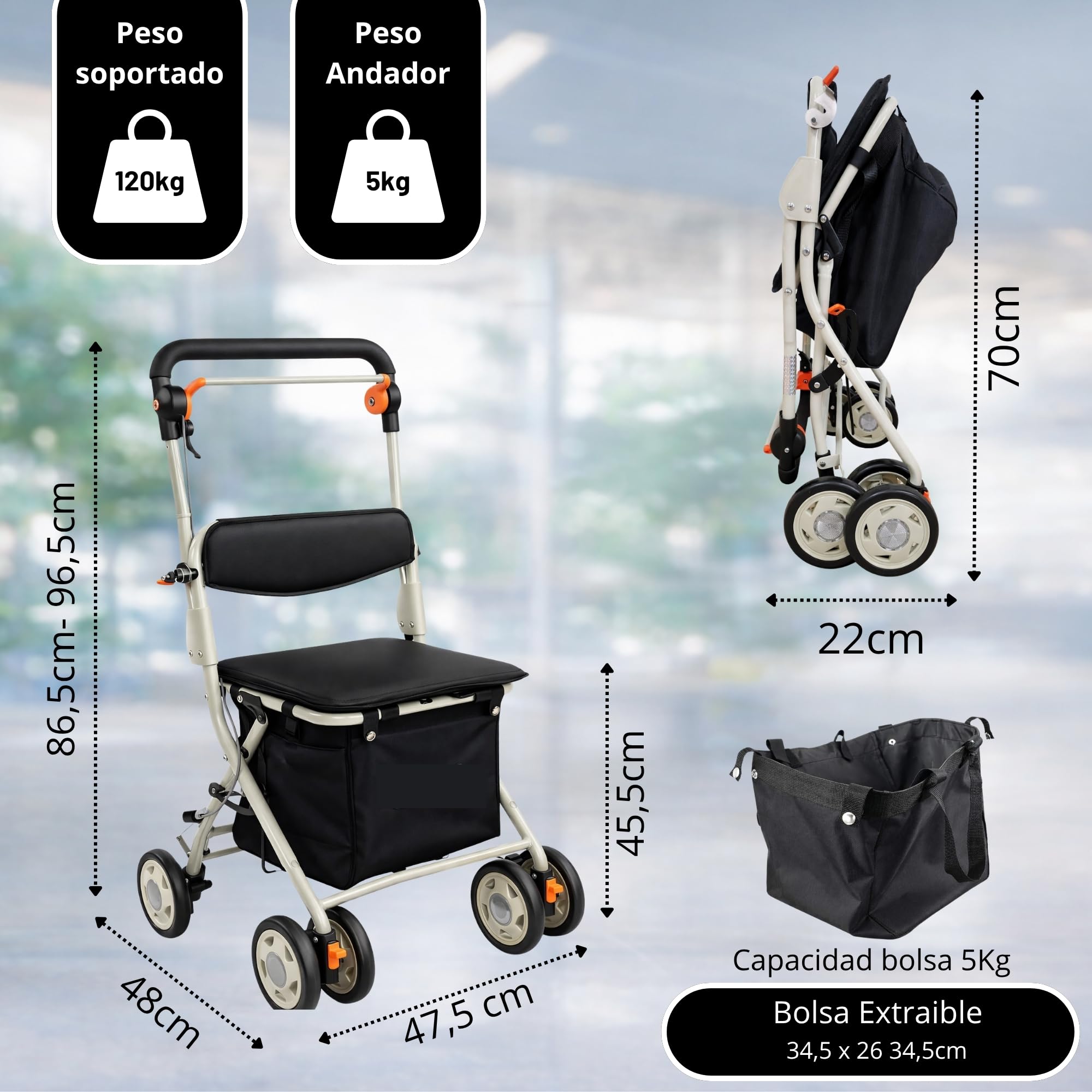 Andador Carro de Compra para Mayores – Plegable,Asiento y Respaldo Acolchado, Freno Seguridad, Bolsa Extraíble, Ruedas 360º -Ligero y Ajustable en Altura- PESO SOPORTADO 130KG- MARCA ESPAÑOLA