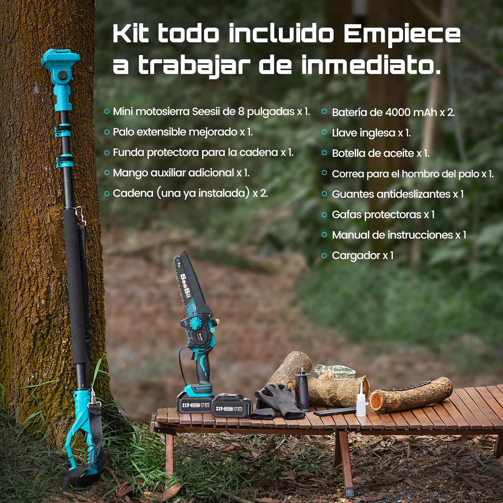 SEESII PS810 Mini Motosierra & Podadora Electrica Bateria, 2 en 1 Sierra de Podar Telescópica con 2 x 4000 mAh Baterías, Hasta 4,87 m de Altura, Podar Arboles para Árboles y Jardin