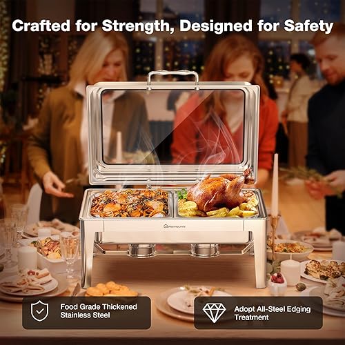 Miniatura 2 de Juego de platos de bufé de 9.5 cuartos de galón, platos rectangulares para bufé con tapa de vidrio, utensilios de servir, chafers de acero