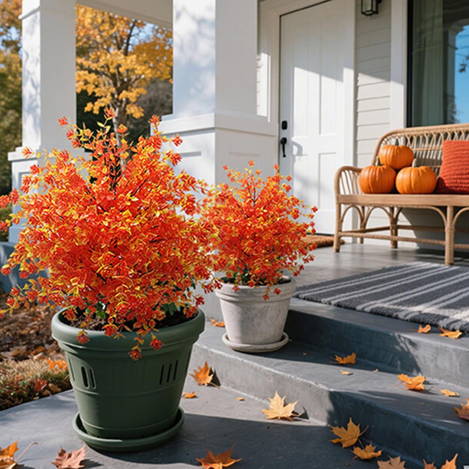 2 Pack Artificial Plants for Outdoor, UV Resistant Fake Shrubs with Ground Stakes for Fall Porch Decor, Autumn Home Garden Patio Decorations, Artificial Outdoor Flowers Decor (Sunset Red)