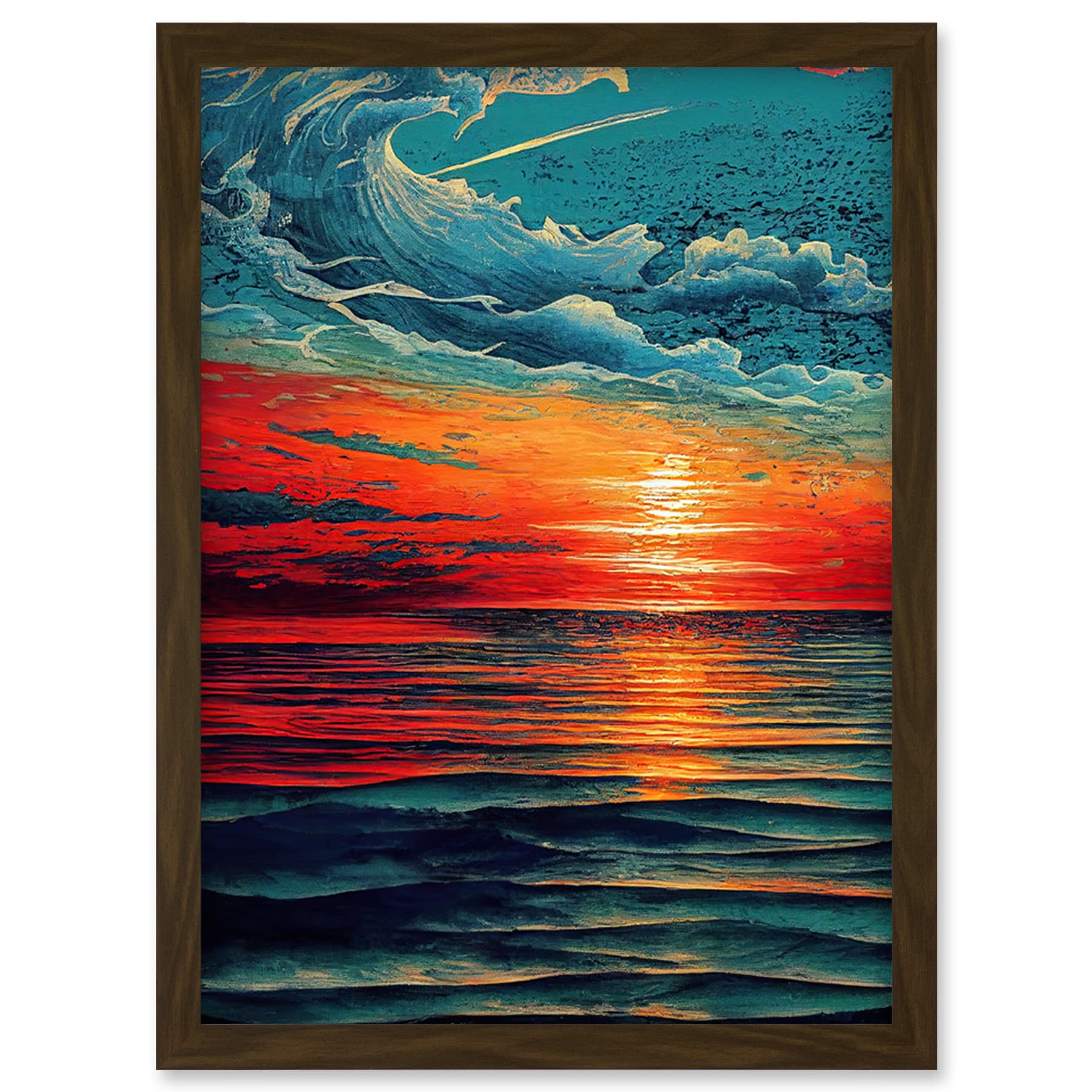 Artery8 Seascape Scarlet Sunrise Fiery Horizon Clouds Artwork Framed Wall Art Print A4