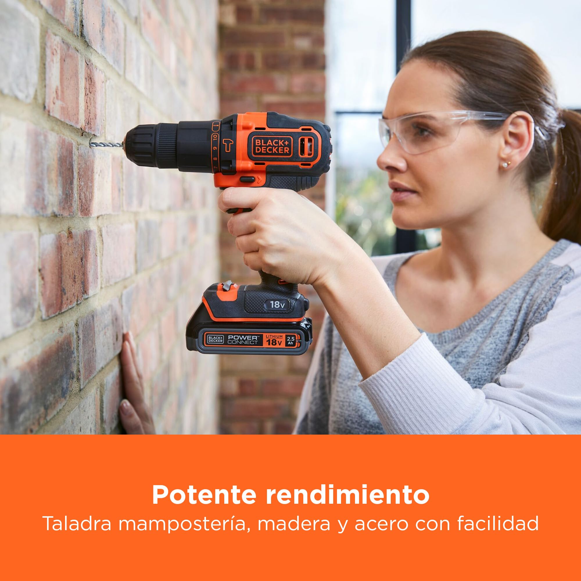 BLACK+DECKER Taladro de percusión 18V, 2 baterías 2Ah, cargador 400mA, 100 accesorios, maletín, BDCHD18D2AB-QW