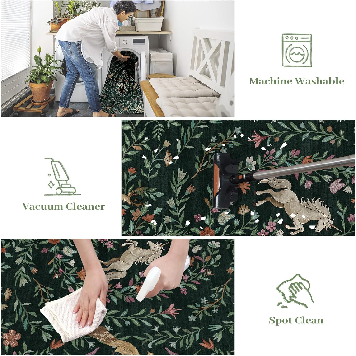 STARUIA Washable Runner Rug, 2x6 Green Runner Rugs for Hallway, Non-Slip Kitchen Runners, Vintage Unicorn Floral Low Pile Non-Shedding Carpet for Hallways, Entryway, Bedroom, Bathroom(Forest Green)
