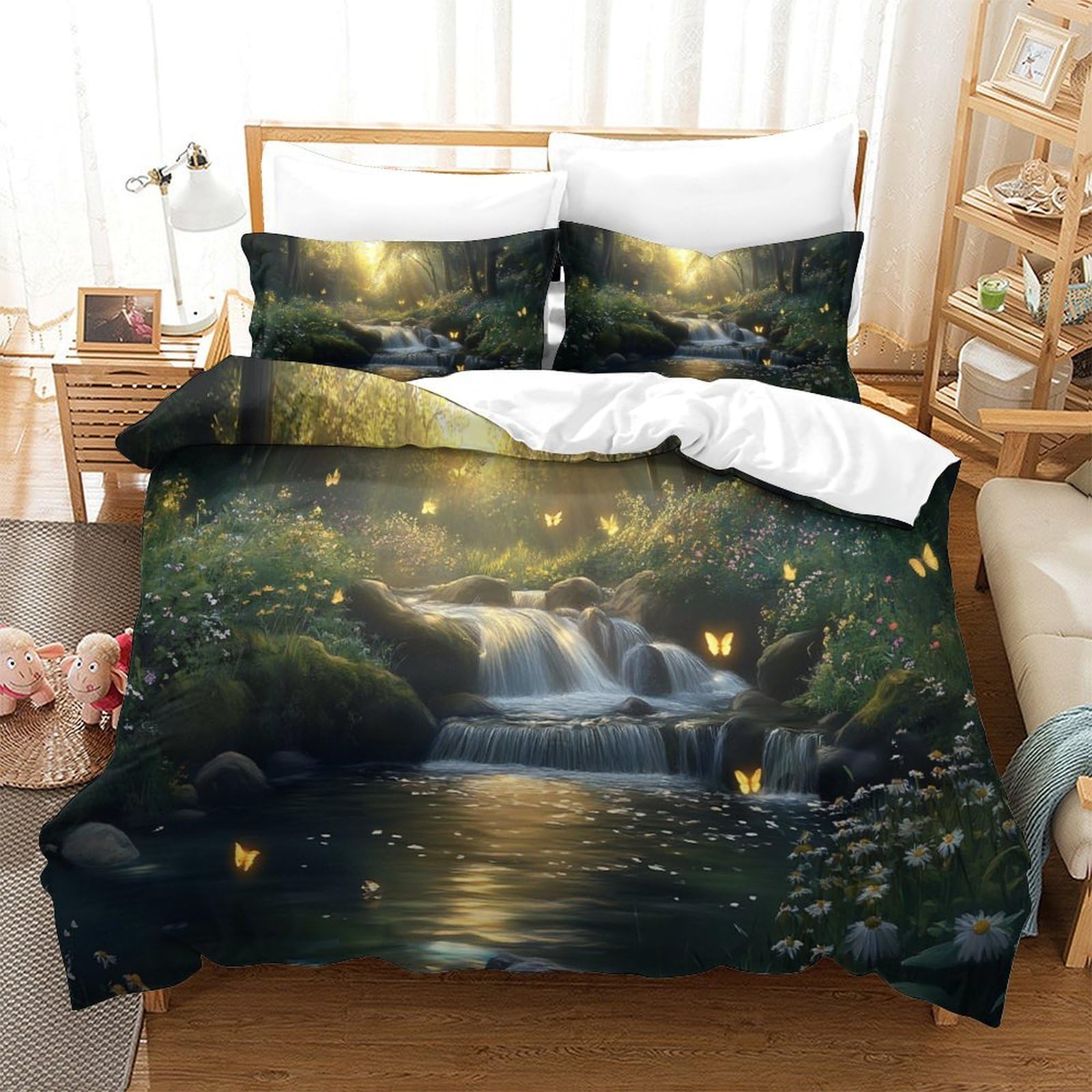 Ruscello della foresta Impressione 3D 3 pz fodera per edredone Natura Fantasia Arte coperteletto microfibra zip antiacari per bambini adolescenti adulti Super king（260x220cm）