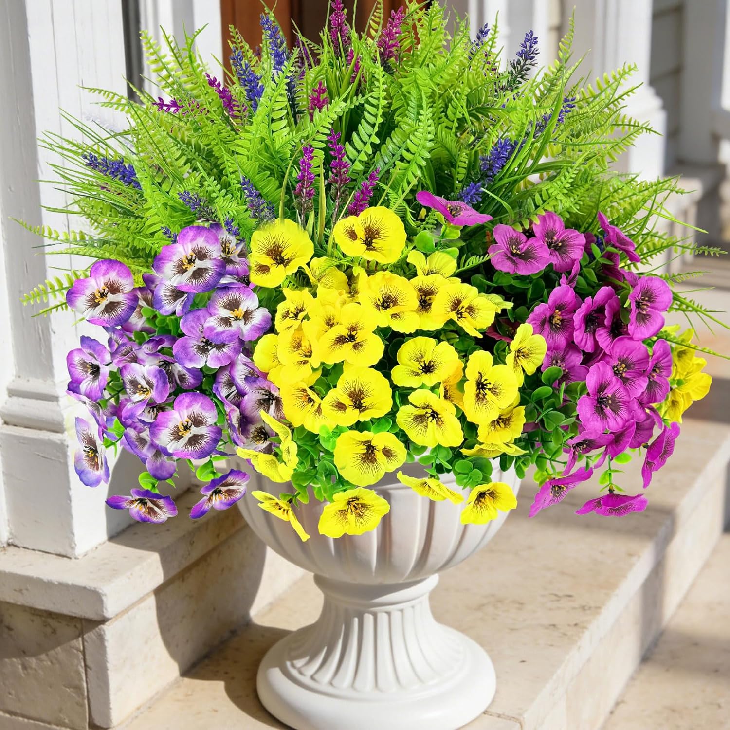 ICX 20PCS Artificial Flowers for Outdoors, 9 Bundles Artificial Pansies with Eucalyptus, 11 Bundles Lavenders & Ferns, Outdoor Flowers UV Resistant for Porch, Garden, Window Box, Hanging Basket Decor