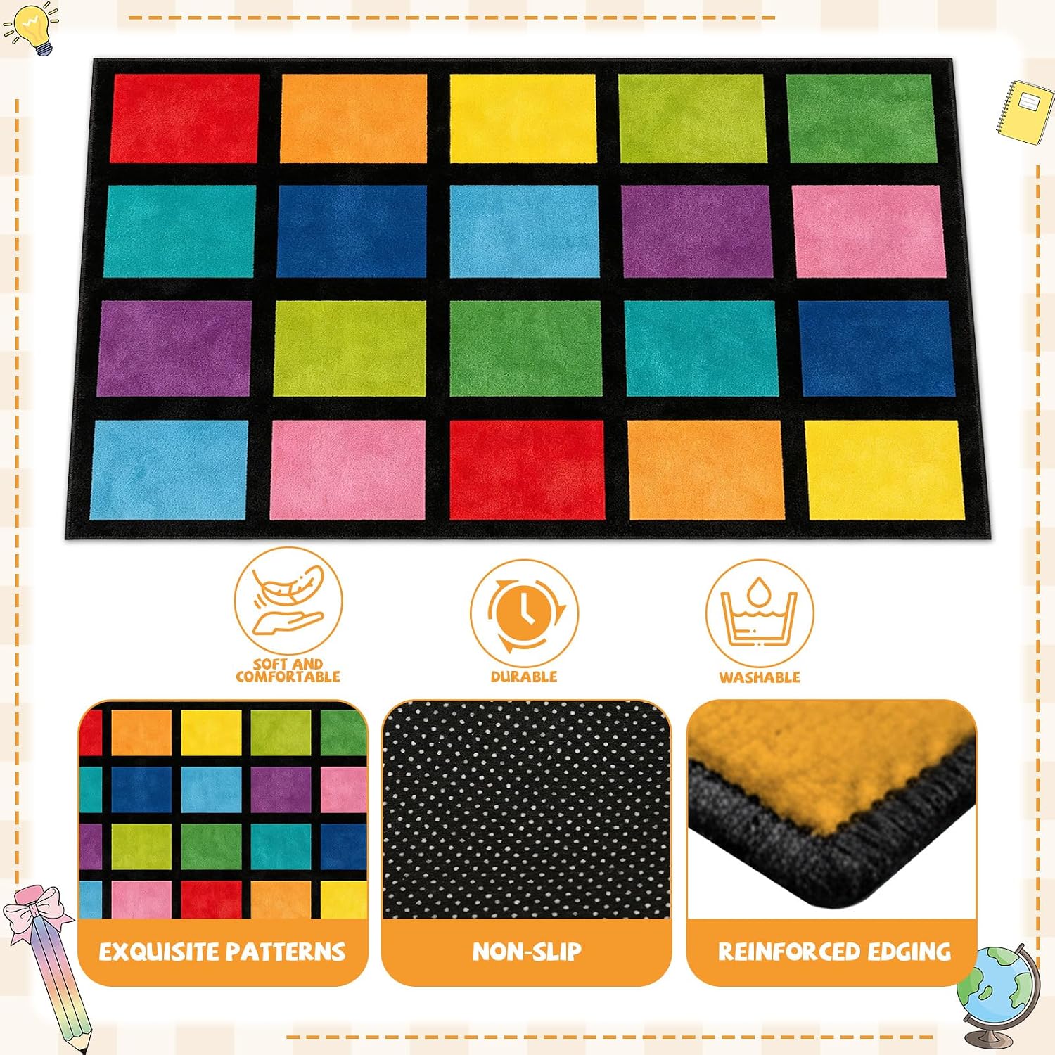 5x7.6 ft Rainbow Color Squares Classroom Rug Happy Squares Educational Area Mat Rainbow Themed Colorful Play Carpet Educational Learning Mat for Elementary Preschool Nursery(Rainbow Color)