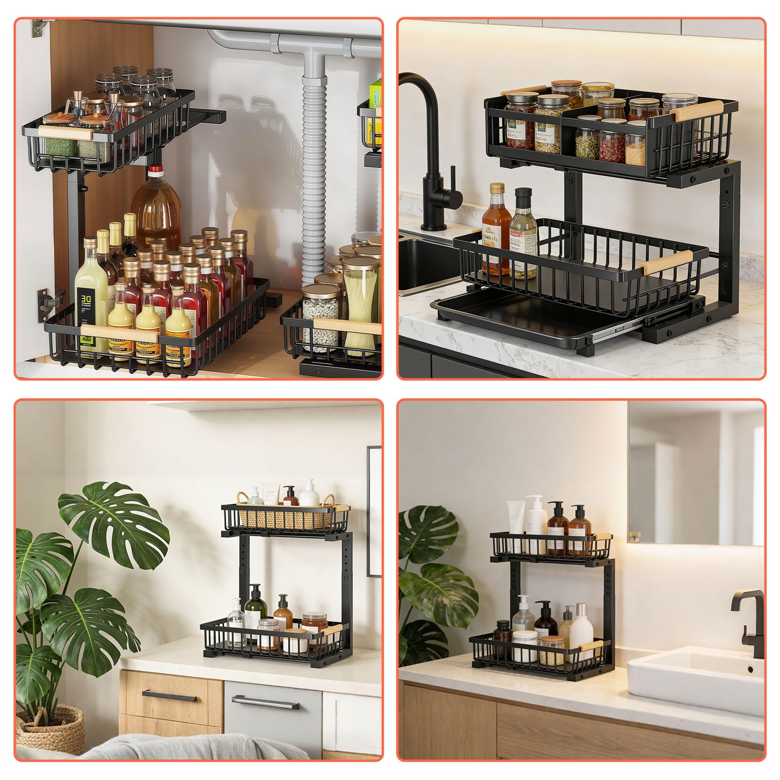 Organiseur sous évier, hauteur réglable, panier de rangement coulissant robuste pour placard extractible, accessoires de salle de bain