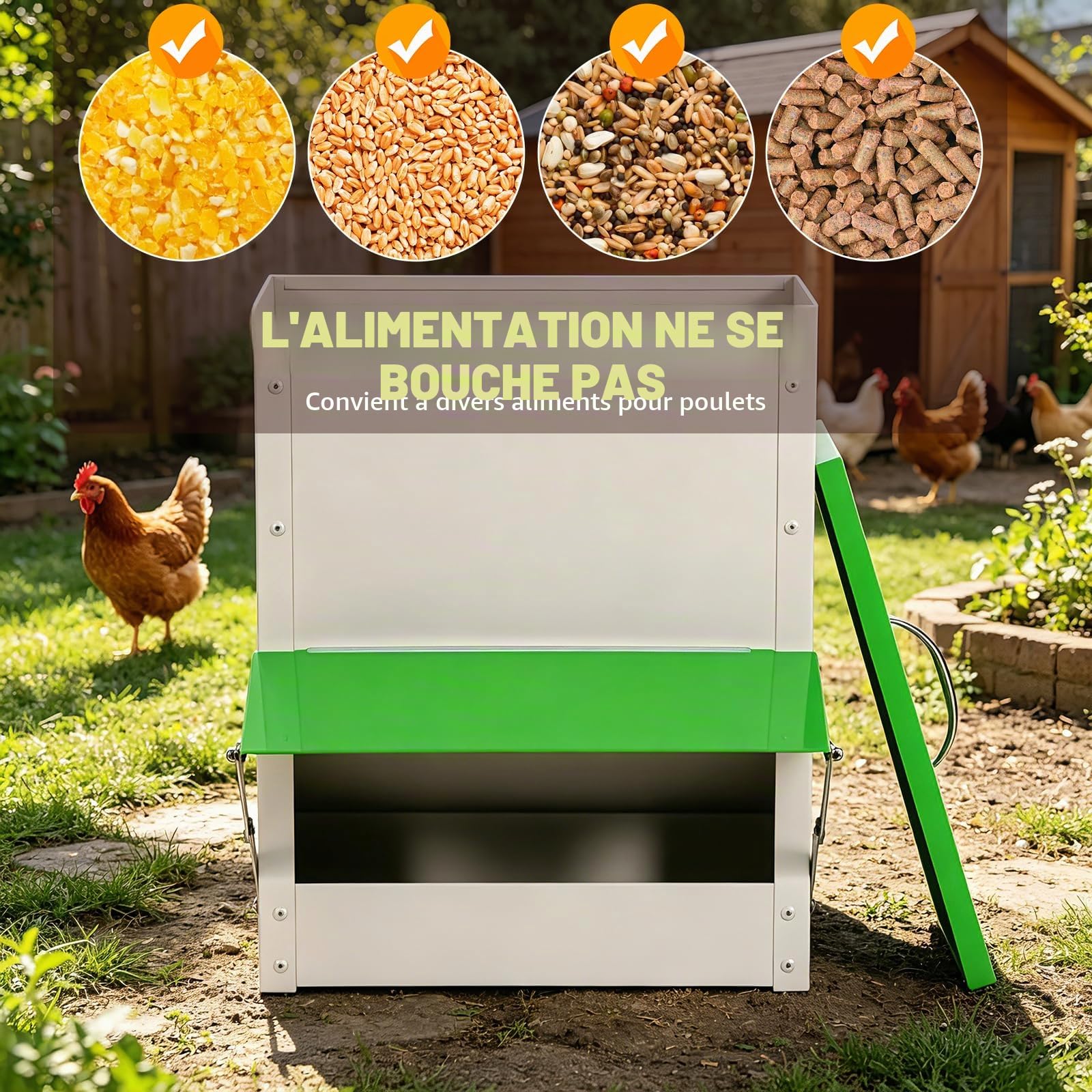 Distributeur Automatique Nourriture Poules en Métal, 11 Kg, Imperméable