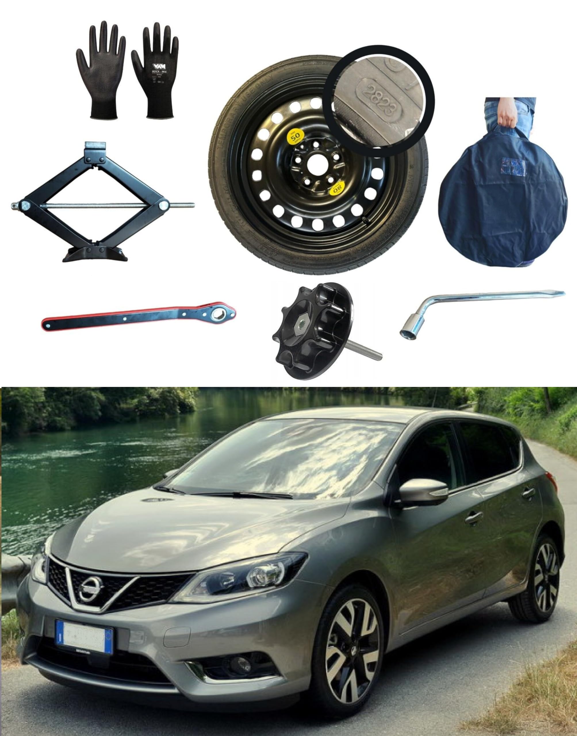 Kit rueda de repuesto 17"" compatible con Nissan Pulsar con gata, llave, tornillo, guantes y funda 125/80R17