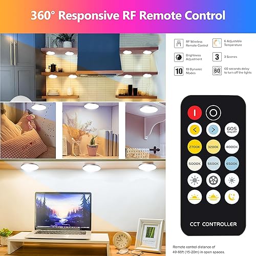 Miniatura 2 de Luces para debajo del gabinete, kit de iluminación LED de cocina, 4 luces circulares CCT de 2700k-6500k con enchufe de 12 W, control remoto RF,