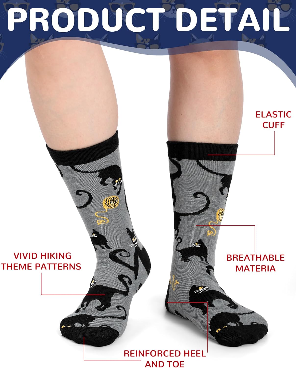 6 Pairs Novelty Animal Socks for Men Valentines Gift for Wolf Cat Donkey Tiger Goat Gorilla Squirrel Penguin Lover - Image 2