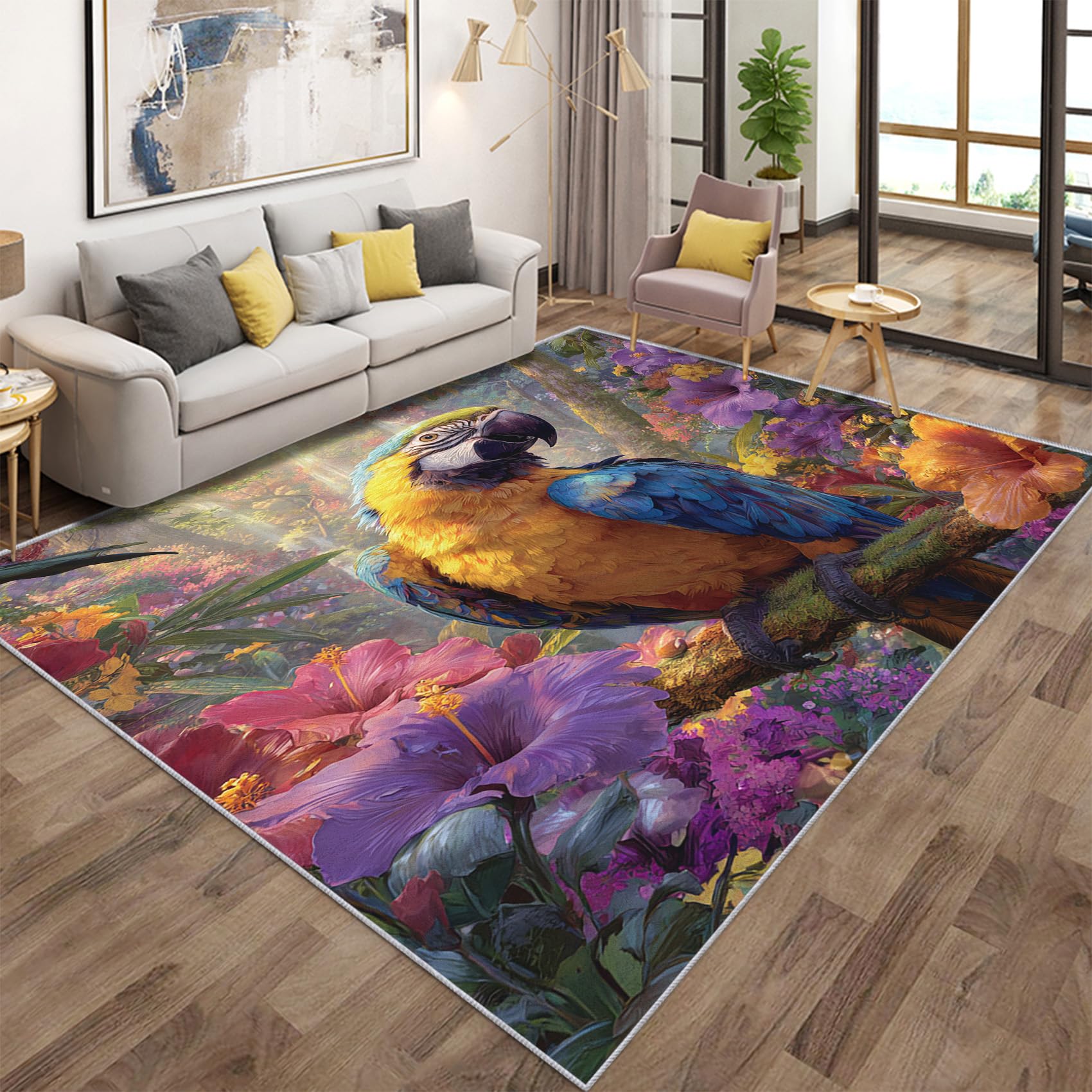 Tapis lavable pour salon avec motif perroquet doux sous les pieds