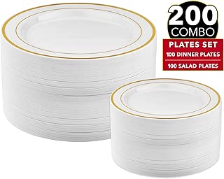 200 Piece Gold Plastic Plates - 100 Dinner Plates and 100 Salad Plates | Plastic Plates for Parties | Gold Plates | Party Plates | Wedding Plates | Disposable Plates for Party