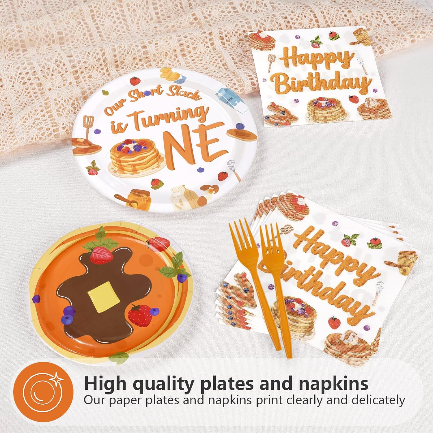 96Pcs Pancakes 1st Birthday Party Decorations Pancakes Plates and Napkins Our Short Stack is Turning One Tableware Set for Breakfast Brunch Supplies for Pancake 1st Birthday Party Supplies，Serves 24