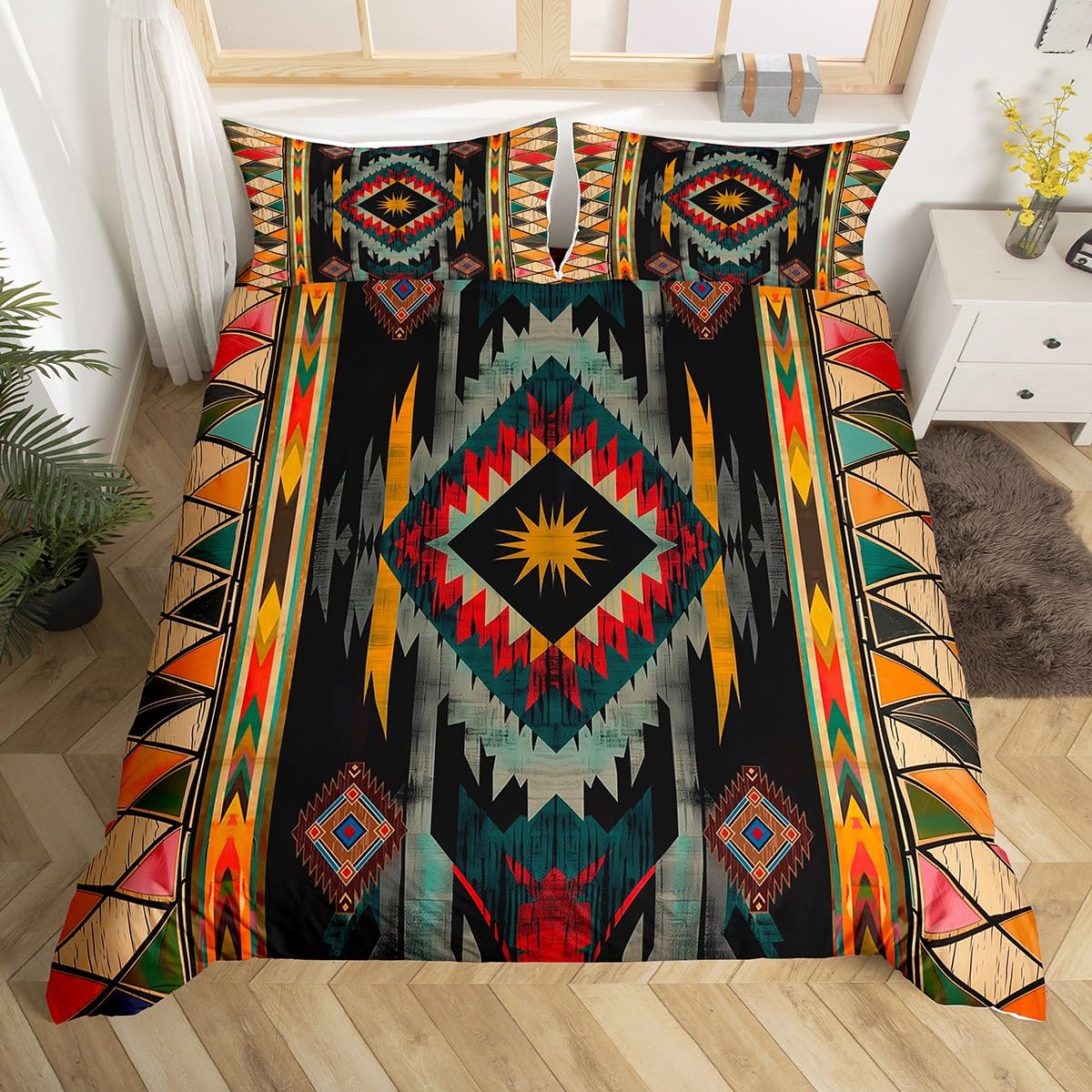 Homemissing Southwest Geometric Duvet Cover Single Size Kids Tribal Native Design Bedding Set for Boys Girls Red Teal Yellow Duvet Cover Soft Lightweight Microfiber Room Decor（No Stuffing） — image 1