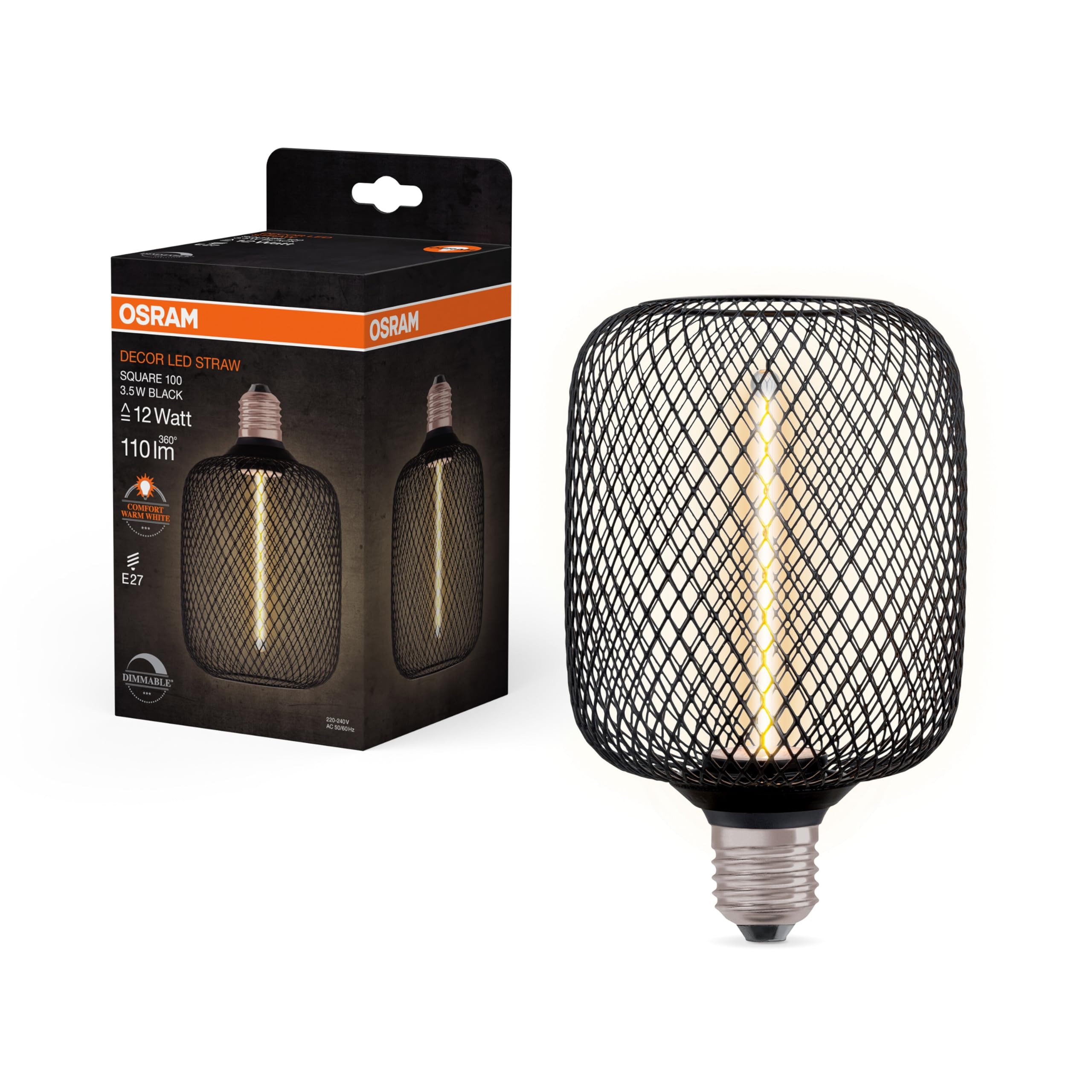 Osram Black Decorative Quadratische Led With Strohfilament, 3.5W, 110Lm/1800K, Gemütliches Warmweiß 818, Klares Schwarzes Bleifreies Glas, Mit E27 Schraubgewinde, 100 Mm Durchmesser