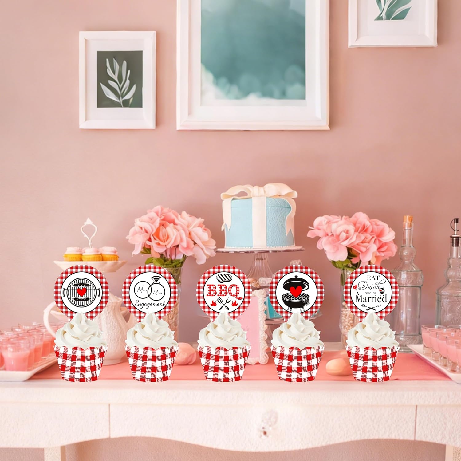 I Do BBQ Engagement Party Cupcake Toppers 48PCS Picnic Engagement Cupcake Decorations and Wrappers I Do BBQ Party Supplies for Wedding Cake Decor - Image 6