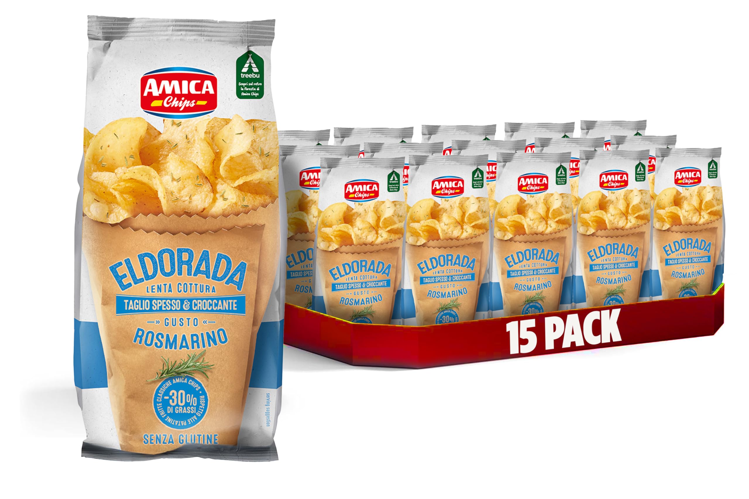 AMICA Chips | Eldorada Patatine Ricetta con Rosmarino, Lenta Cottura, Taglio Spesso e Croccante, Senza Glutine, 15 Pezzi x 130 gr