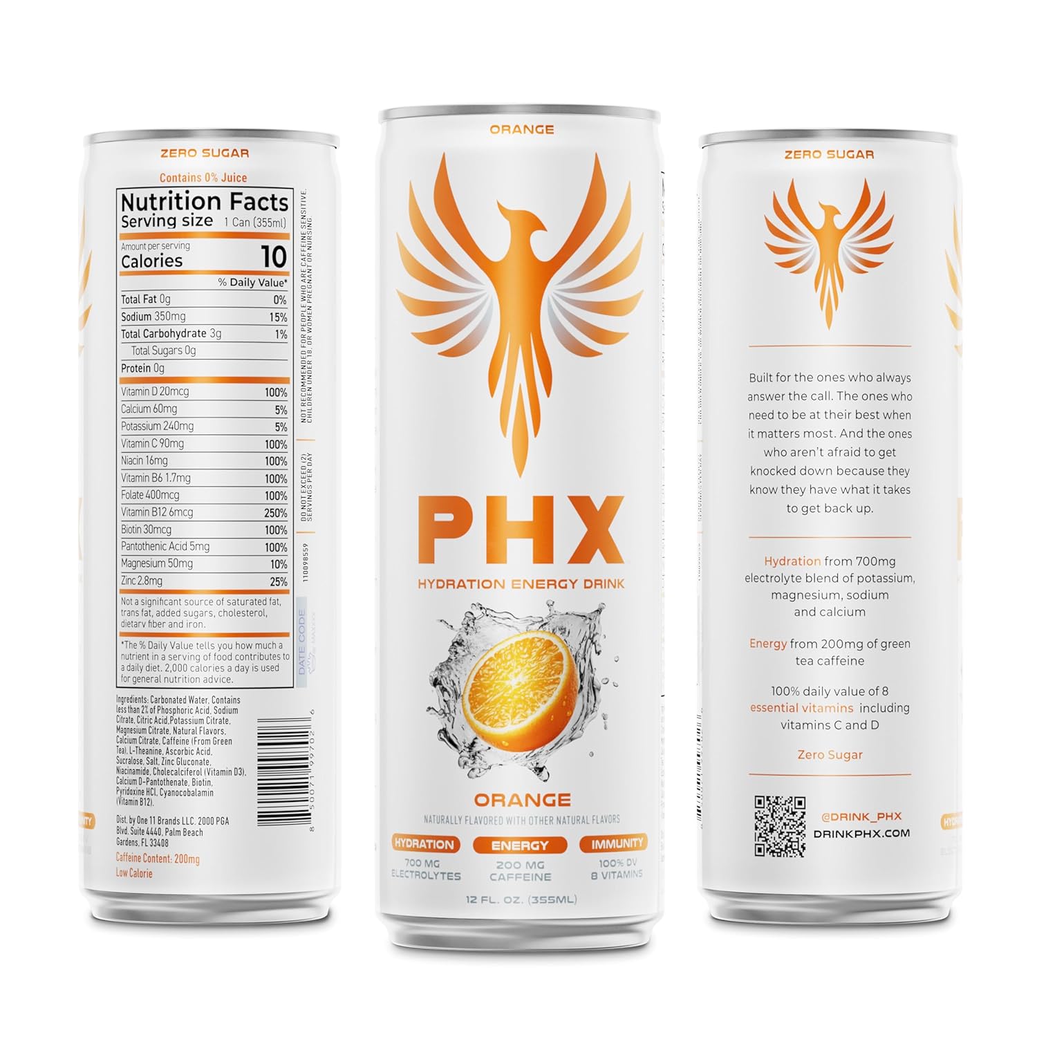 PHX Hydration Energy Drink - 700mg Electrolytes, 200mg Natural Green Tea Caffeine, 100% Daily Value 8 Essential Vitamins - 12 oz Cans (12 Pack) (12 Pack, Orange) - Image 3