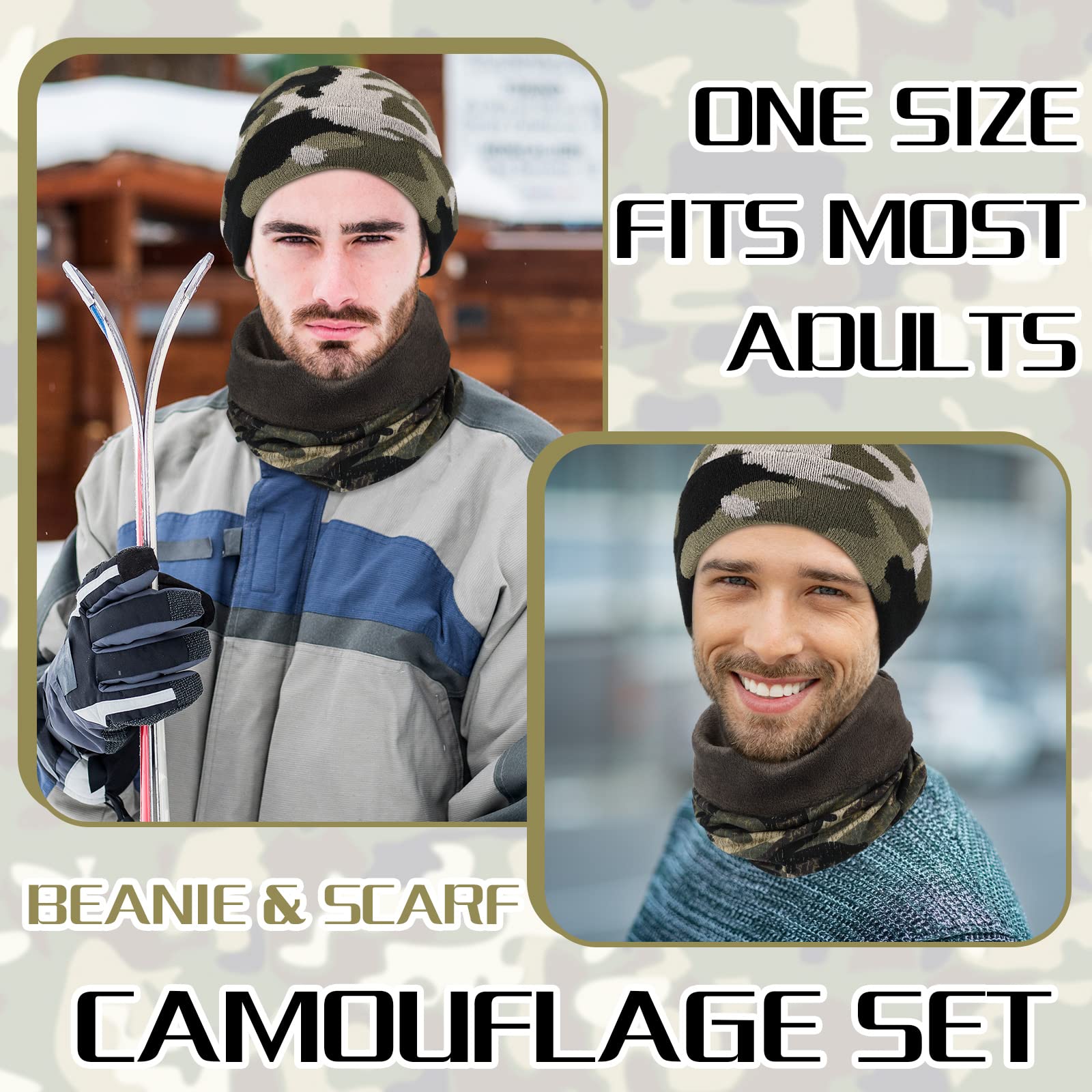 Neer 2 Stück Winter Camouflage Mütze und Halswärmer Set Grün Schwarz Grau Gestrickte Camo Mütze Halsmanschette für Männer Frauen
