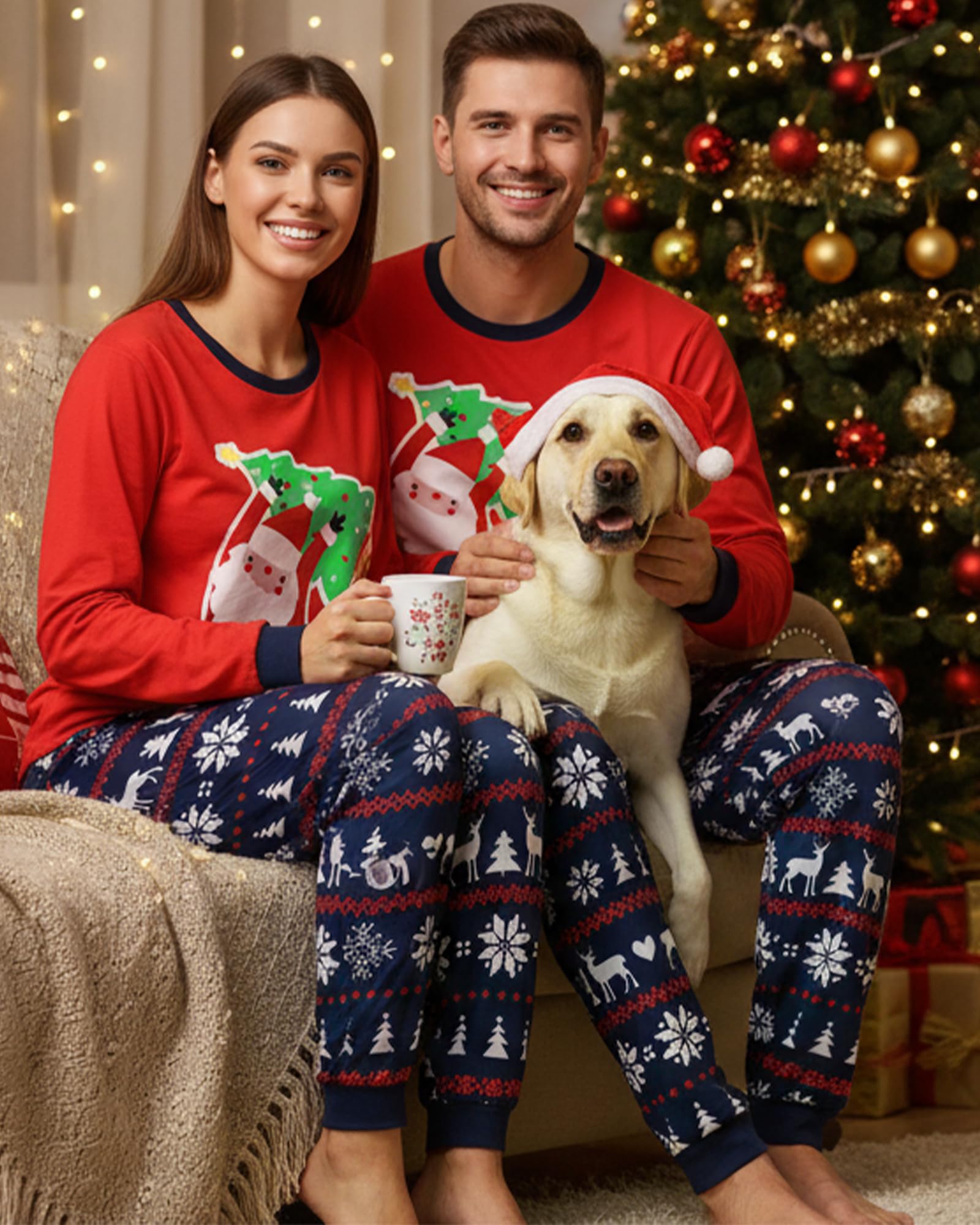 Hotfiary Ensemble de pyjama de Noël assorti pour la famille avec imprimé Père Noël, haut à manches longues et bas de pyjama à carreaux, vêtements de nuit de Noël pour femmes, hommes, adultes, enfants