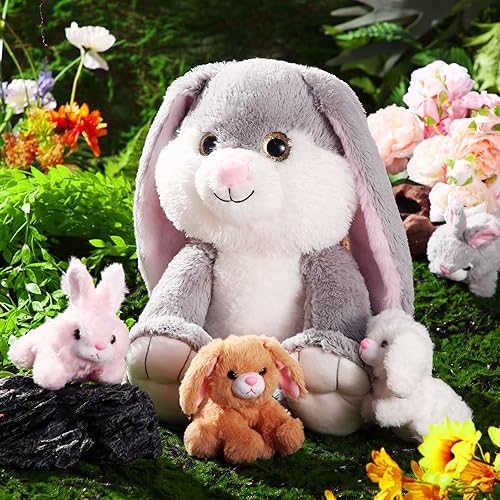 Miniatura 5 de Sratte 5 piezas de peluche de conejo de 13 pulgadas con 4 lindos bebés de peluche en su vientre, suave peluche de conejo para niños pequeños y