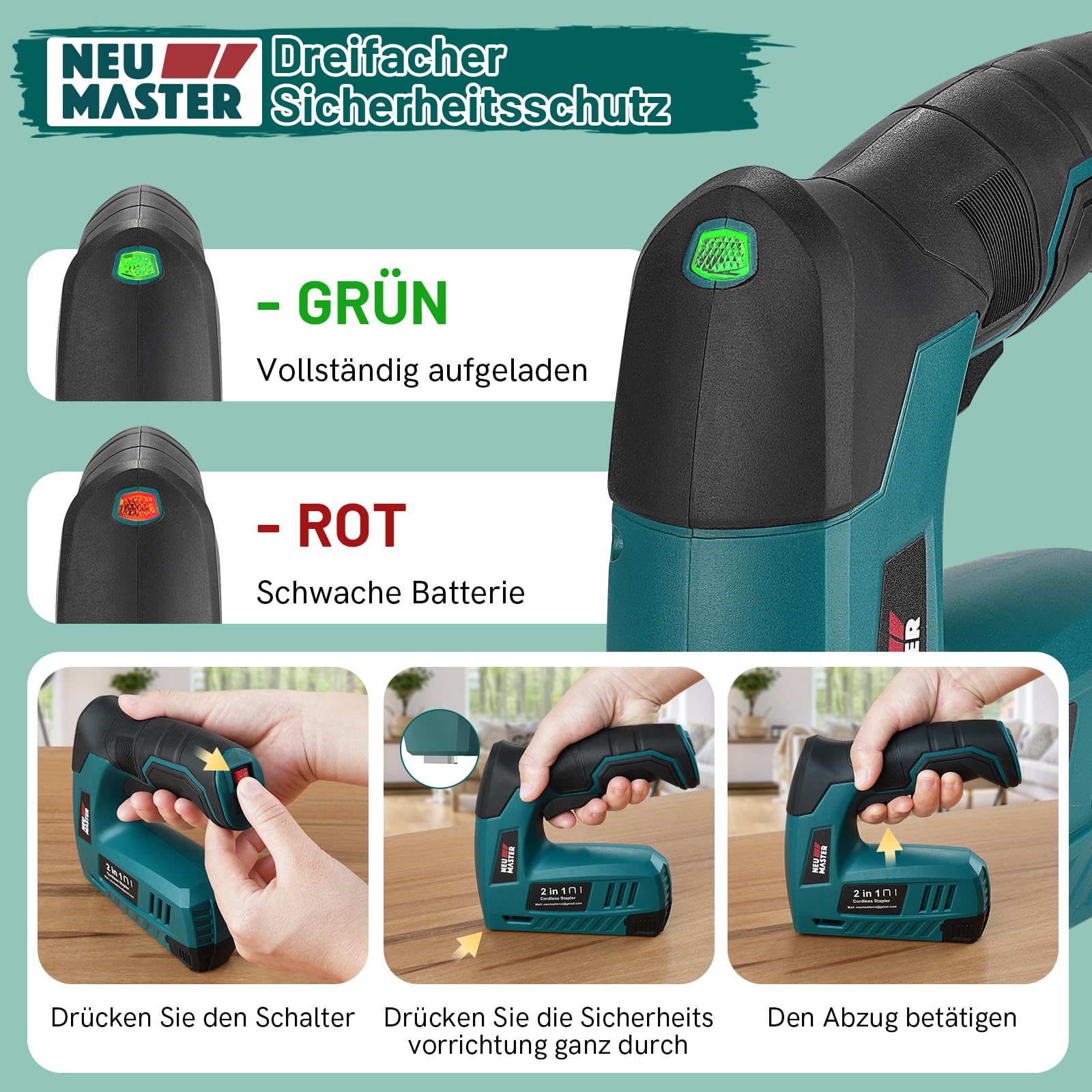 NEU MASTER Akku Tacker, 2-in-1 4V Elektrotacker Akku Mit Ladekabel, 1000 Heftklammern &1000 Nägel, Nägler für Bastelarbeiten, DIY und Polsterarbeiten